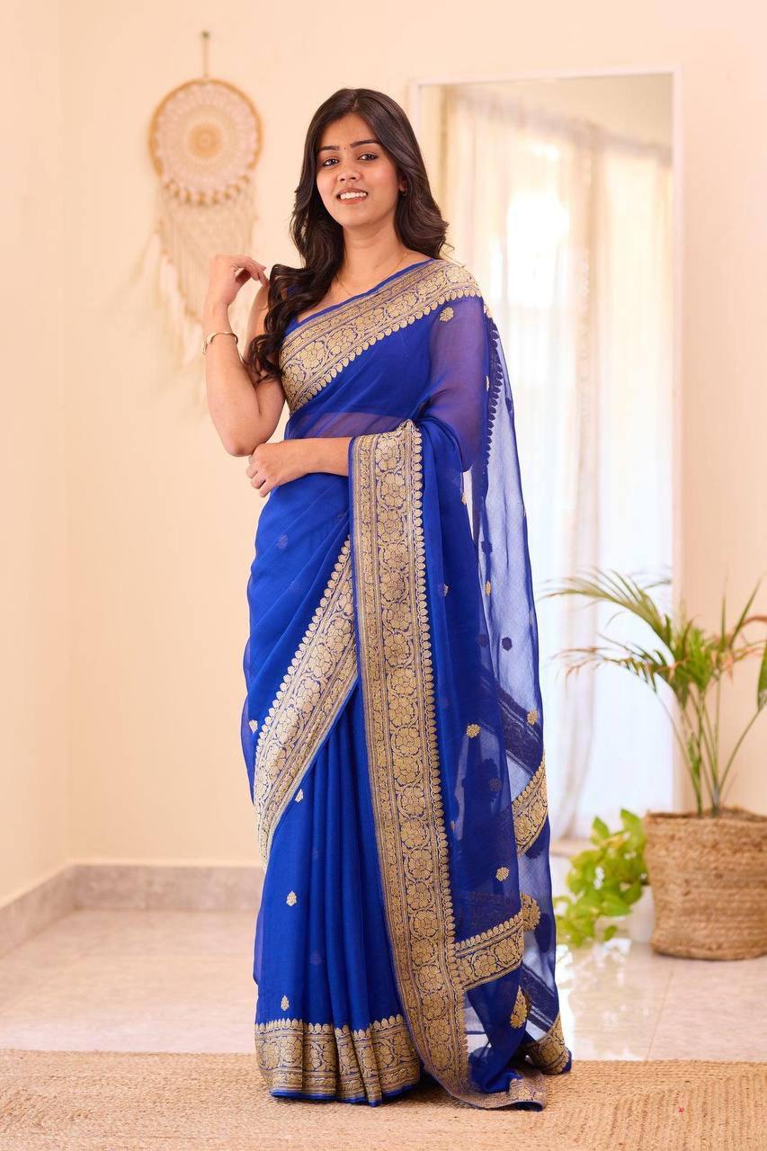 Royal Blue Georgette Saree with Golden Embroidered Border