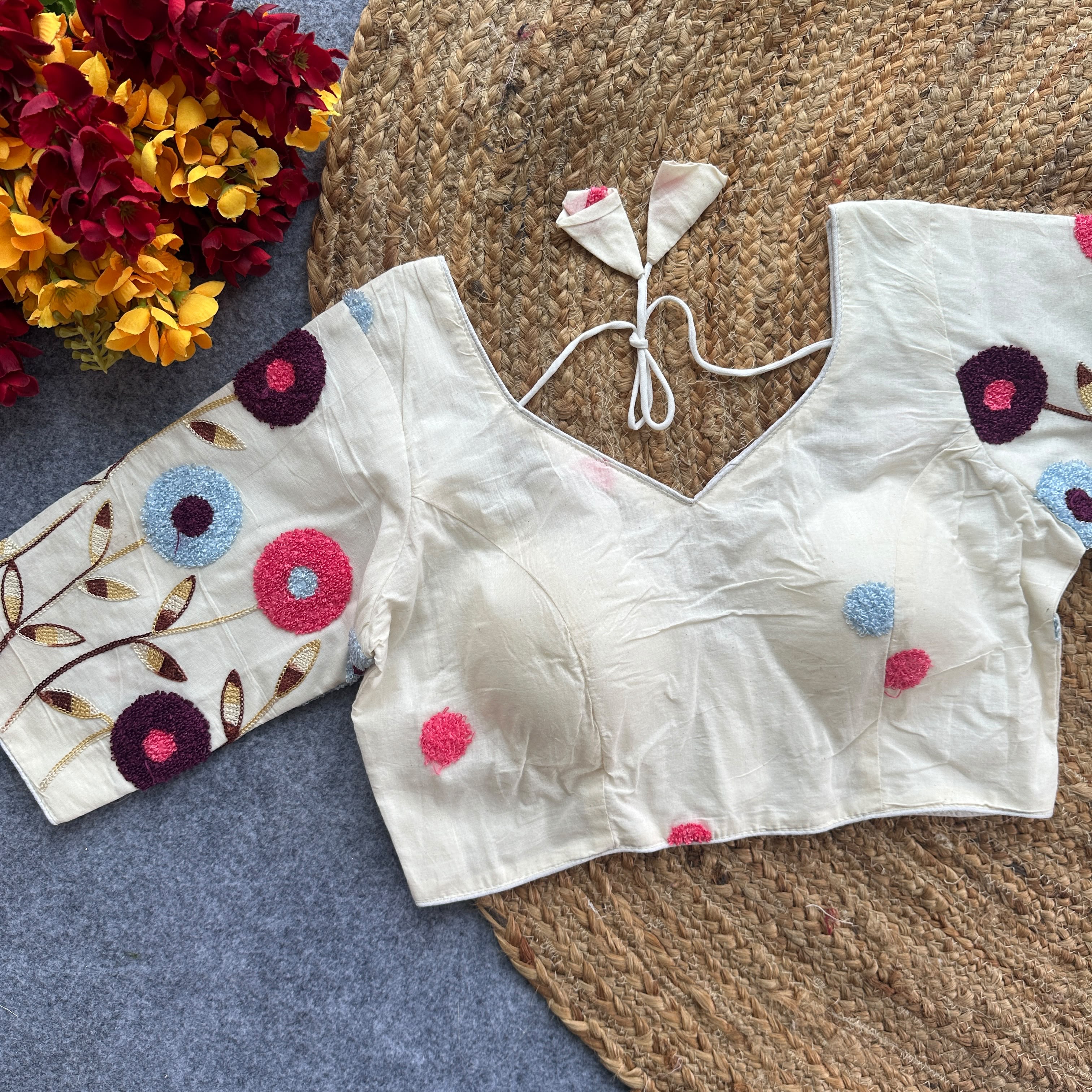 Pure Khadi Cotton Embroidered Partywear Blouse – Heavy Padded | Back Open | 38–42