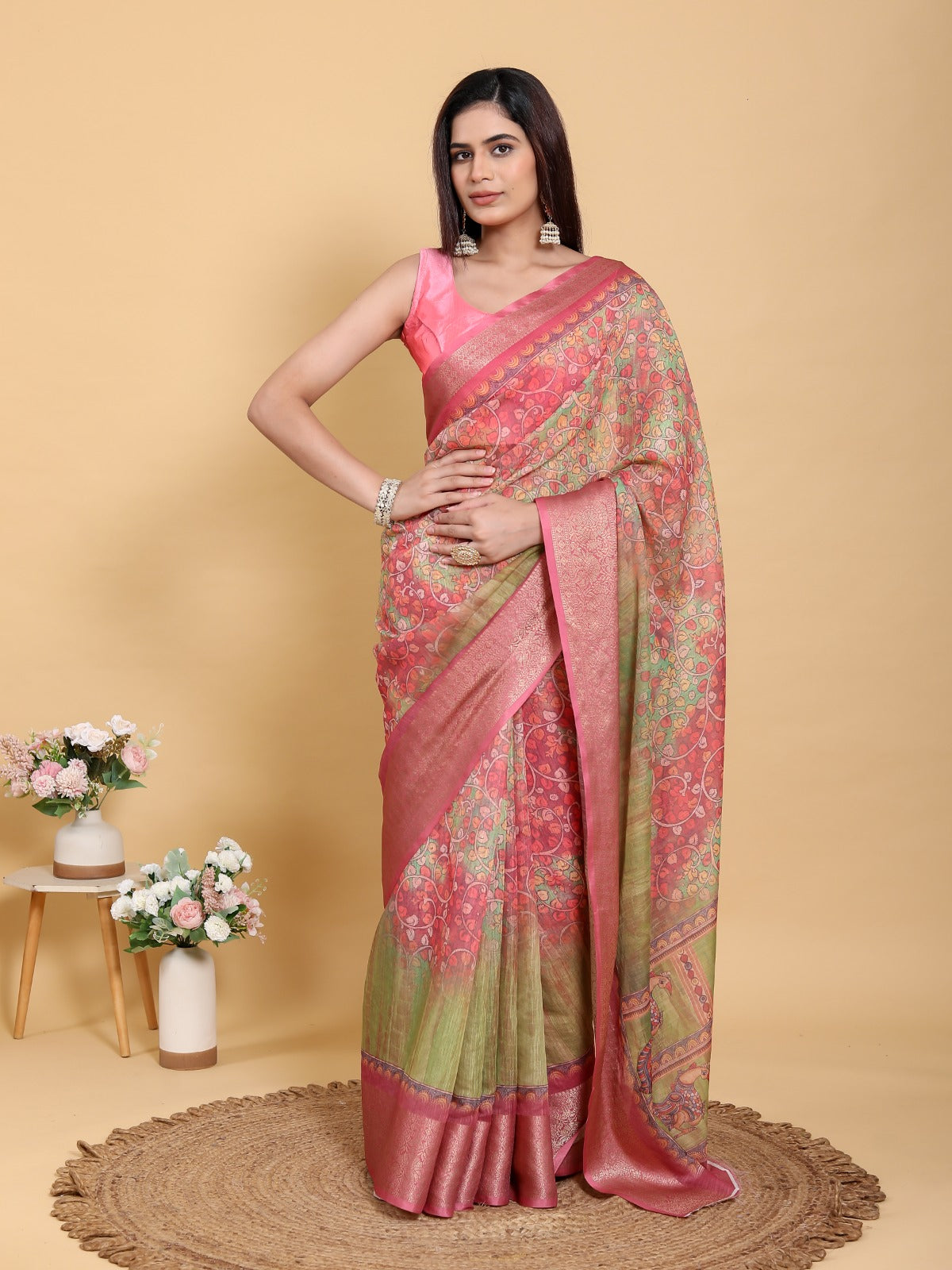 Pink Heritage Heavy Linen Saree with Artistic Floral & Peacock Print