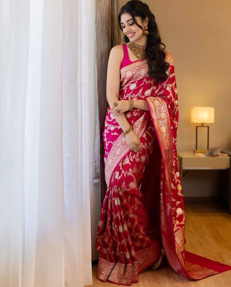 Traditional Red Banarasi Silk Saree with Gold Zari Work
