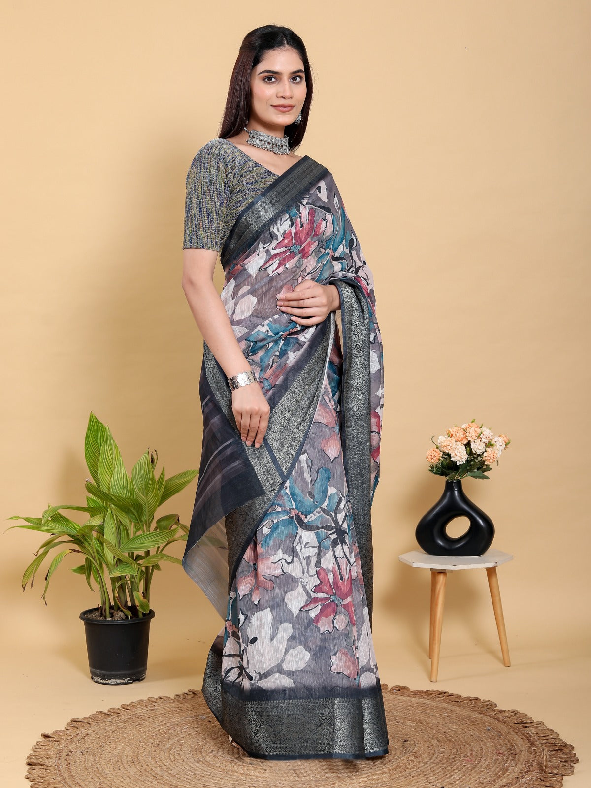Mystic Floral Heavy Linen Saree with Rich Jacquard Border & Designer Blouse