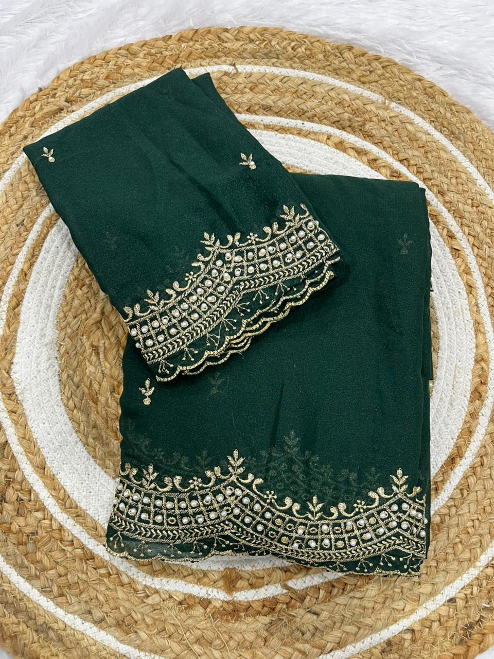 Premium Star Georgette Embroidery Zari & Moti Work Saree for Women | Party Wear Designer Saree with Matching Blouse