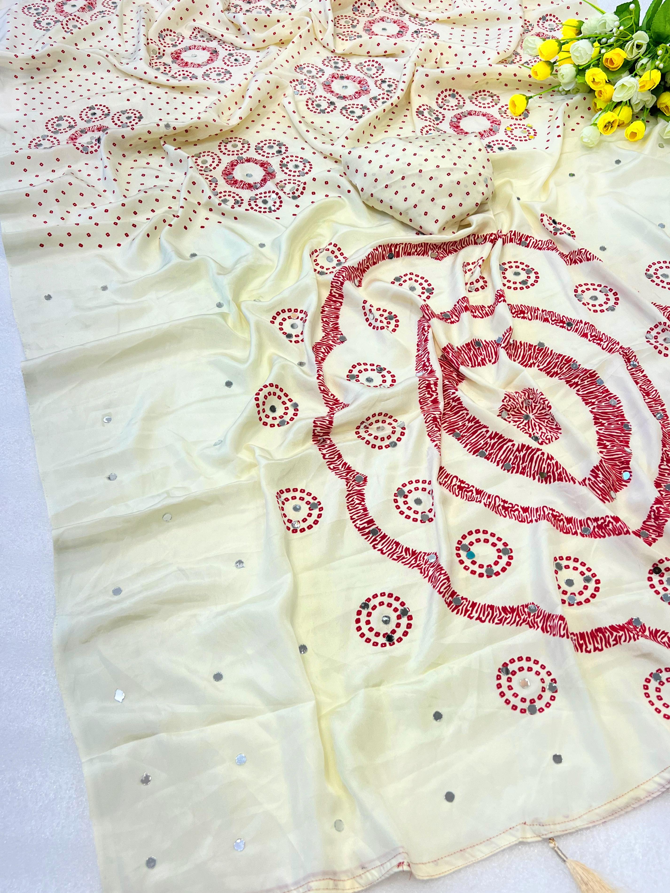 Premium Moss Satin Ajrakh Saree with 2,500 Mirror Work & Matching Blouse
