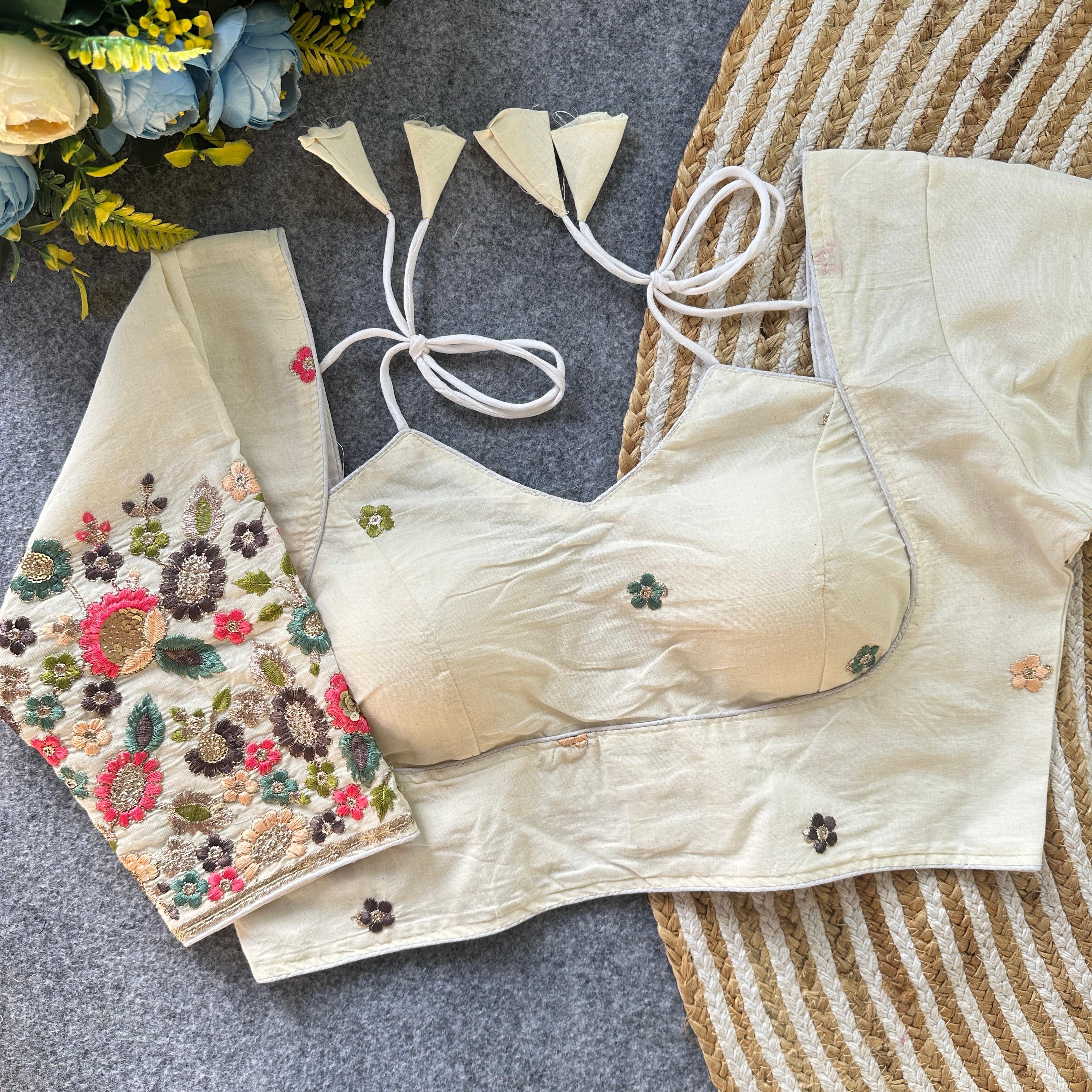 Pure Khadi Cotton Floral Embroidered Blouse – Heavy Padded | Front Open | 38–42