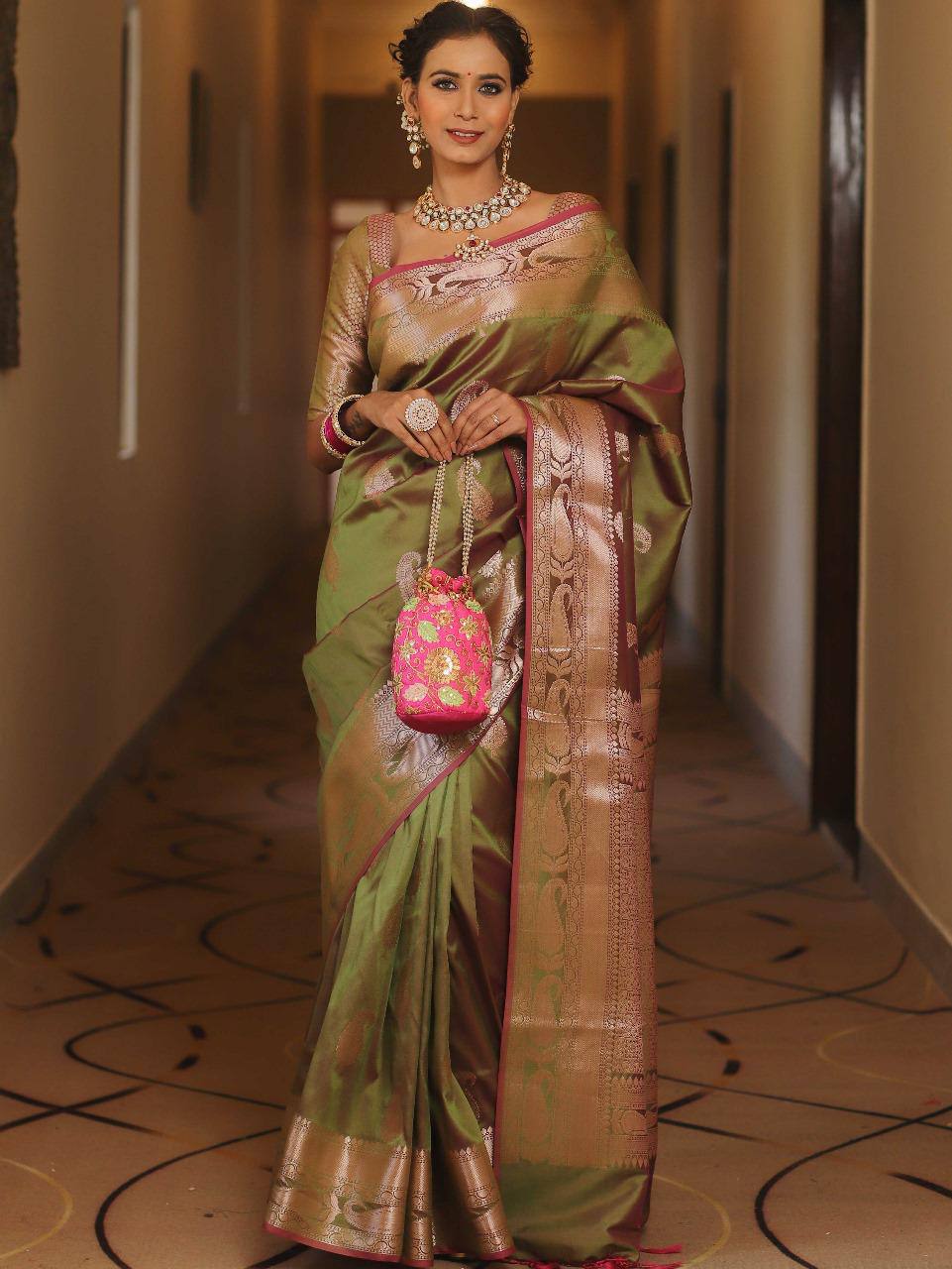 Banarasi Silk Saree with Woven Zari Border Traditional Green Silk Saree