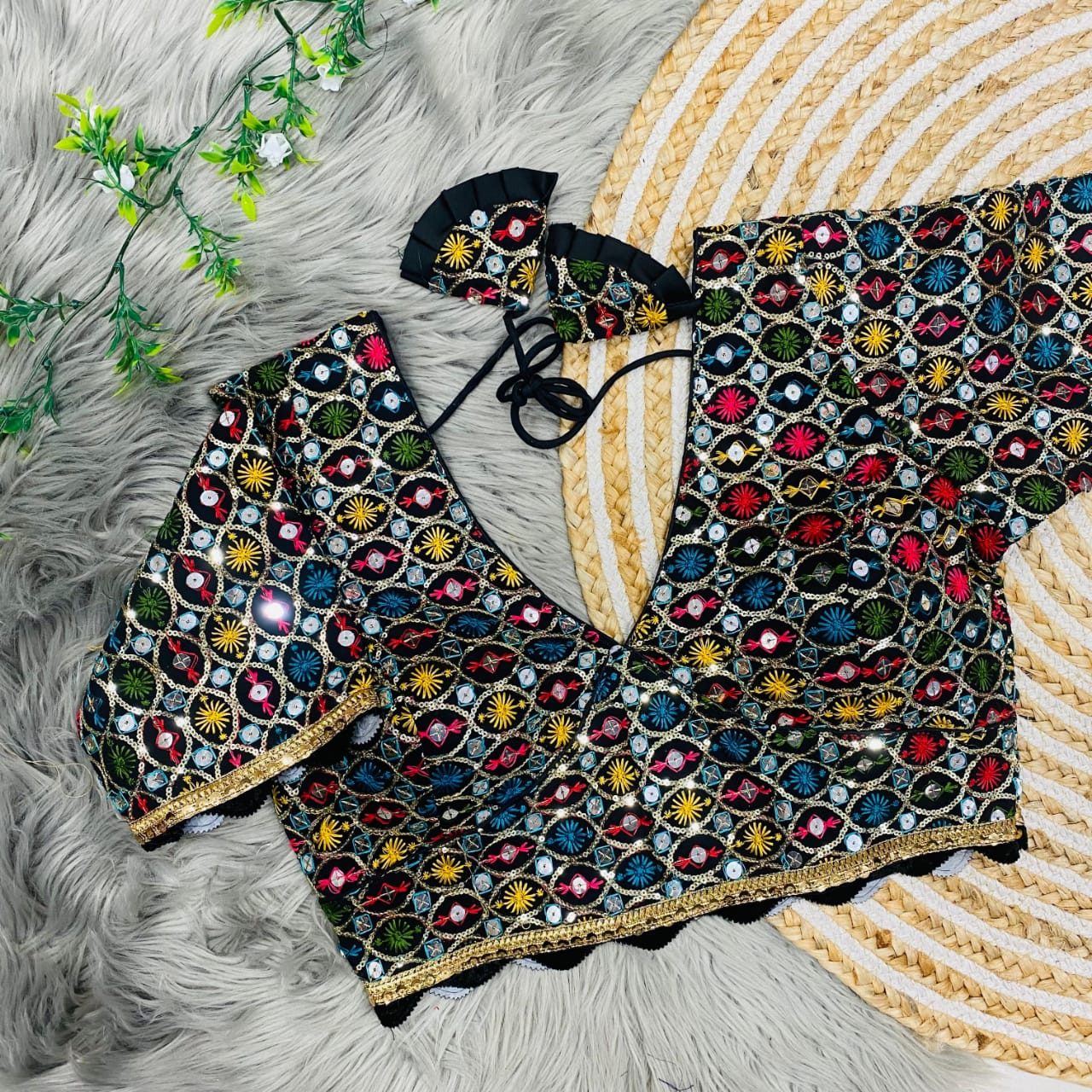 Heavy Fox Georgette Multicolour Sequin Work Designer Blouse with Velvet Lace – 38 to 42
