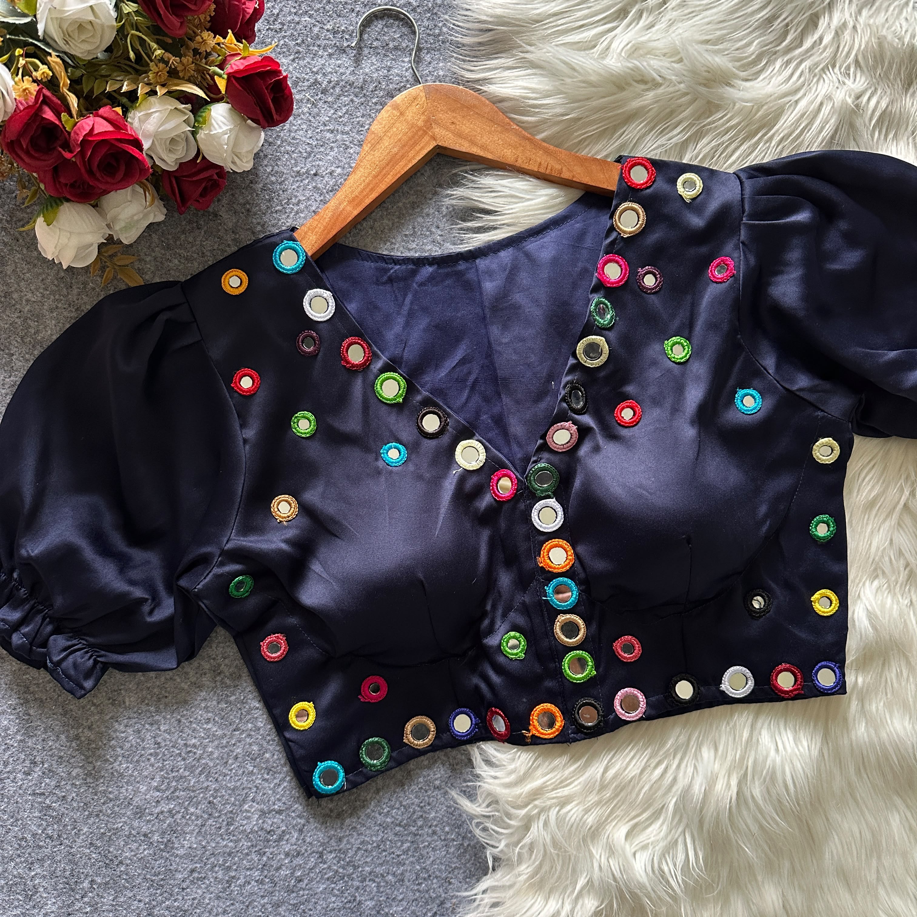 Navratri Satin Silk Multicolour Mirror Work Designer Blouse – Free Size 38–42