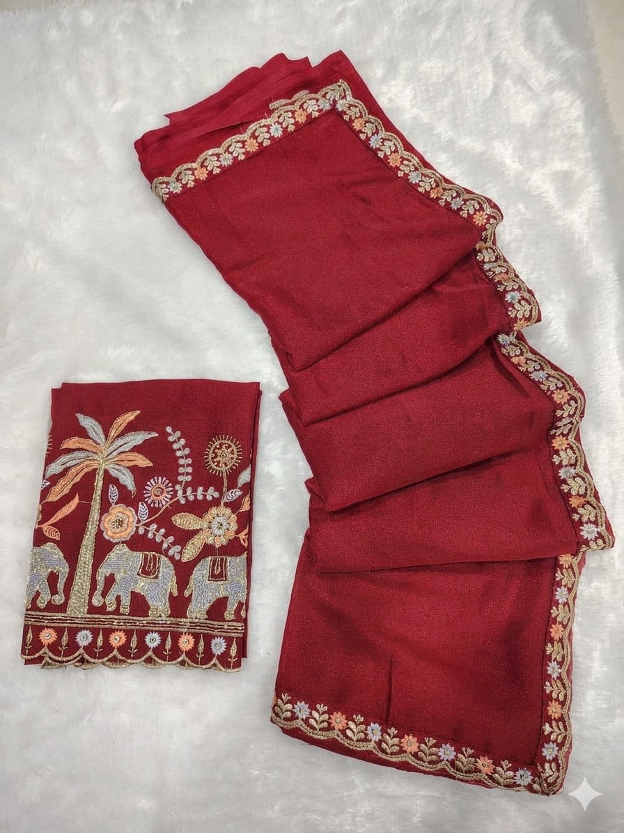 Royal Elephant Art Embroidered Saree with Designer Blouse
