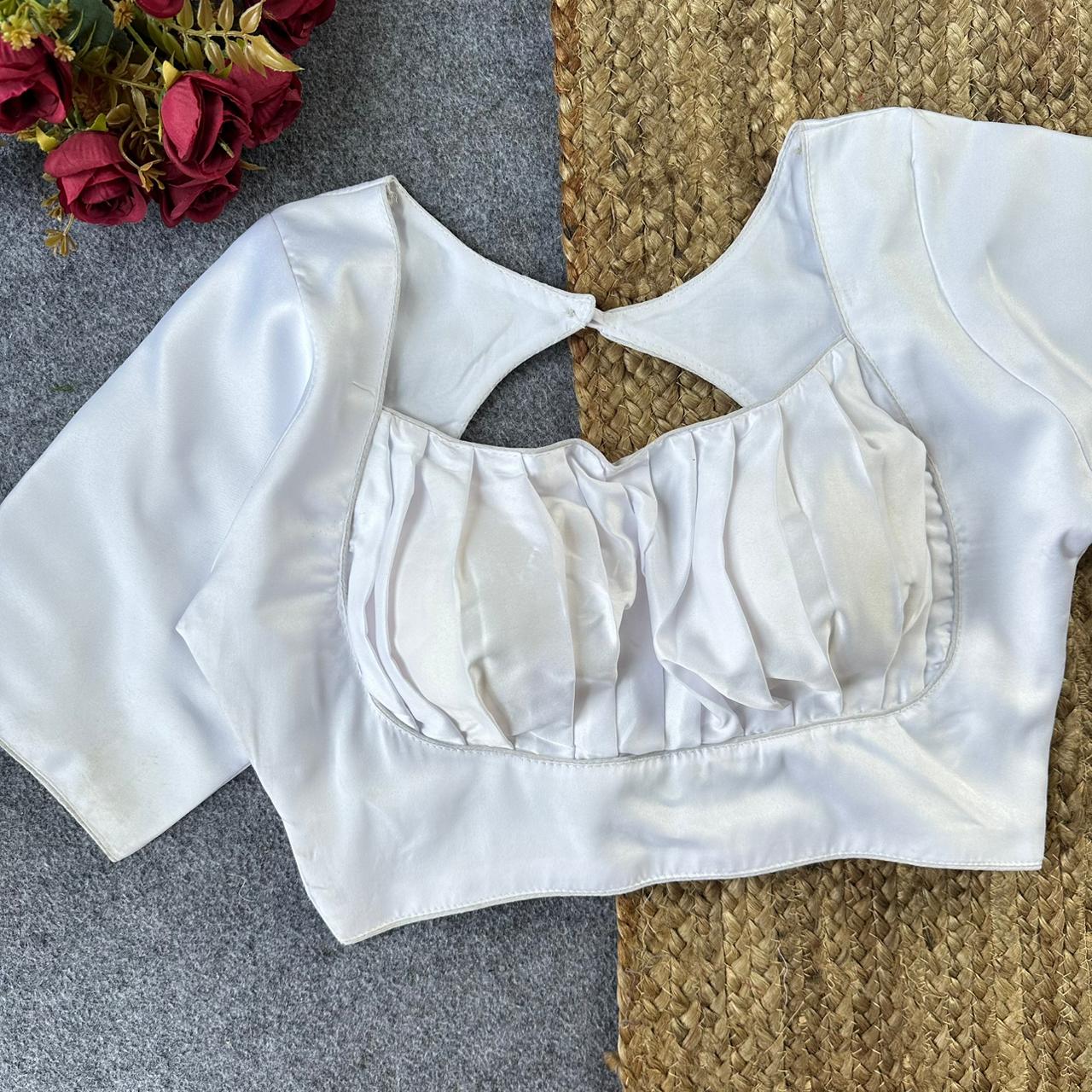 Pure Malai Satin Gathered Designer Blouse – Padded with Elastic Back | Free Size 38–42