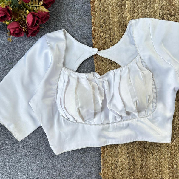Pure Malai Satin Gathered Designer Blouse – Padded with Elastic Back | Free Size 38–42