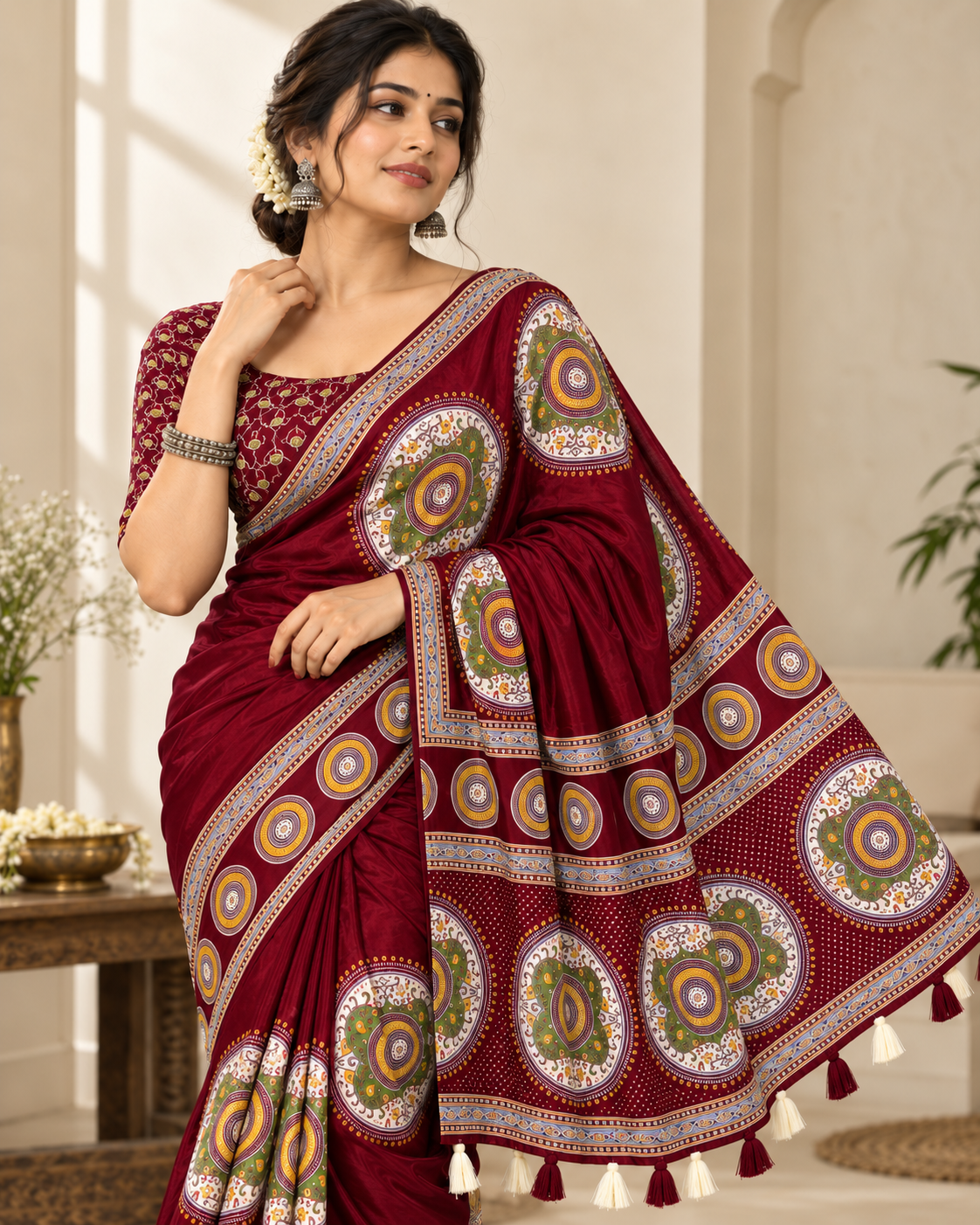 Premium Ajrakh Designer Crepe Silk Saree with Circular Motif Print & Tassel Border