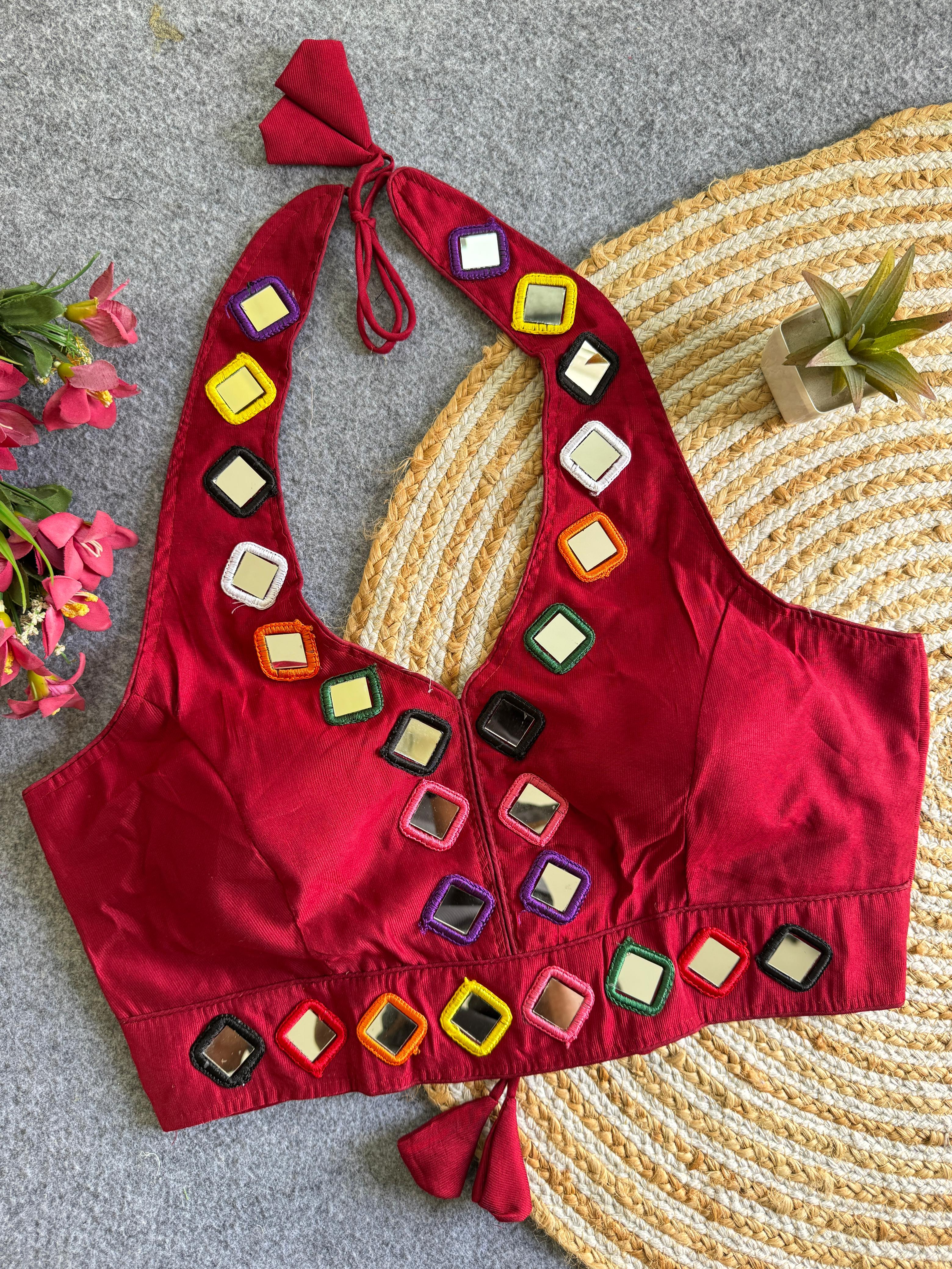 Navratri 06 Satin Silk Multicolour Mirror Work Designer Blouse – Free Size 38–42
