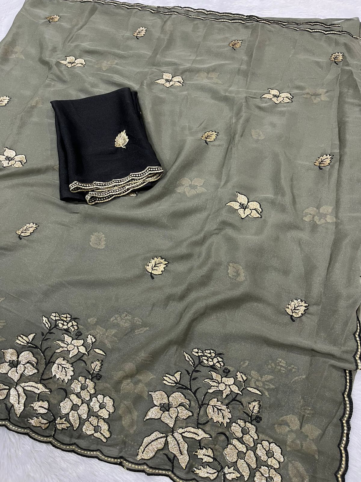 Women's Premium Star Galaxy Embroidered Saree with Designer Black Blouse