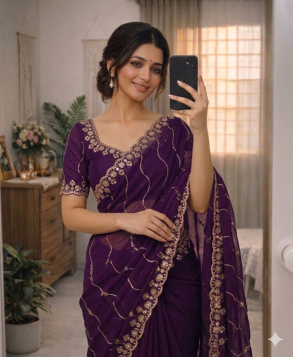 Royal Noor Star Georgette Saree with Multi Embroidered Sequins Work | Designer Party Wear Saree