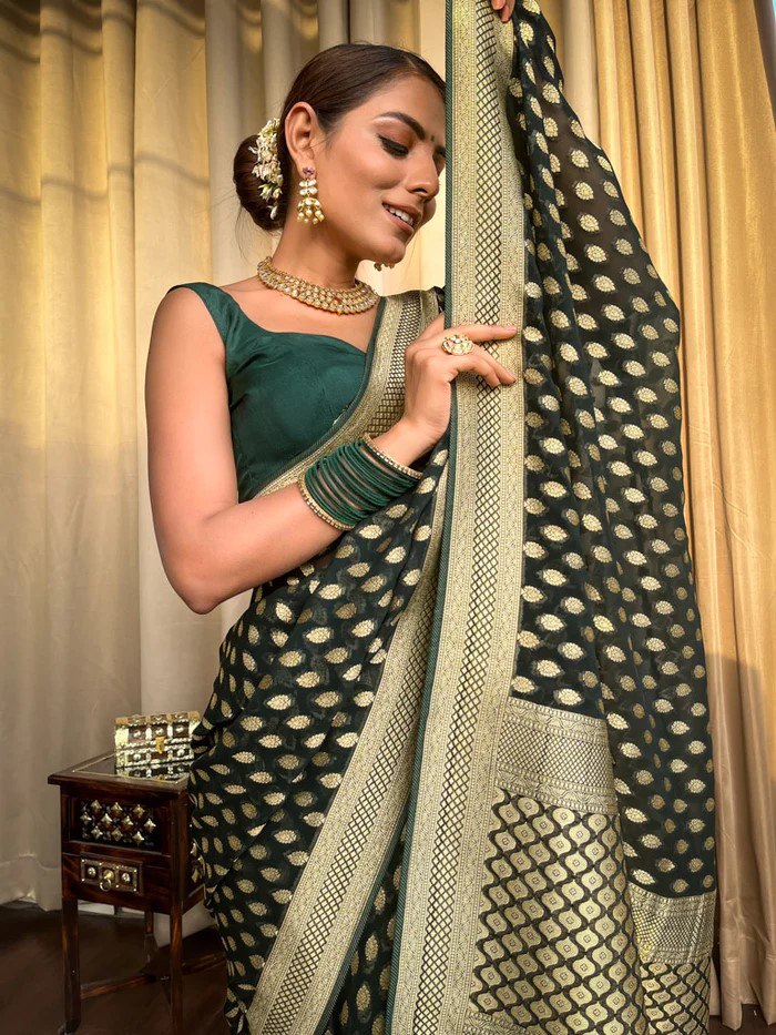 Dark Green Banarasi Silk Saree with Golden Zari Weaving