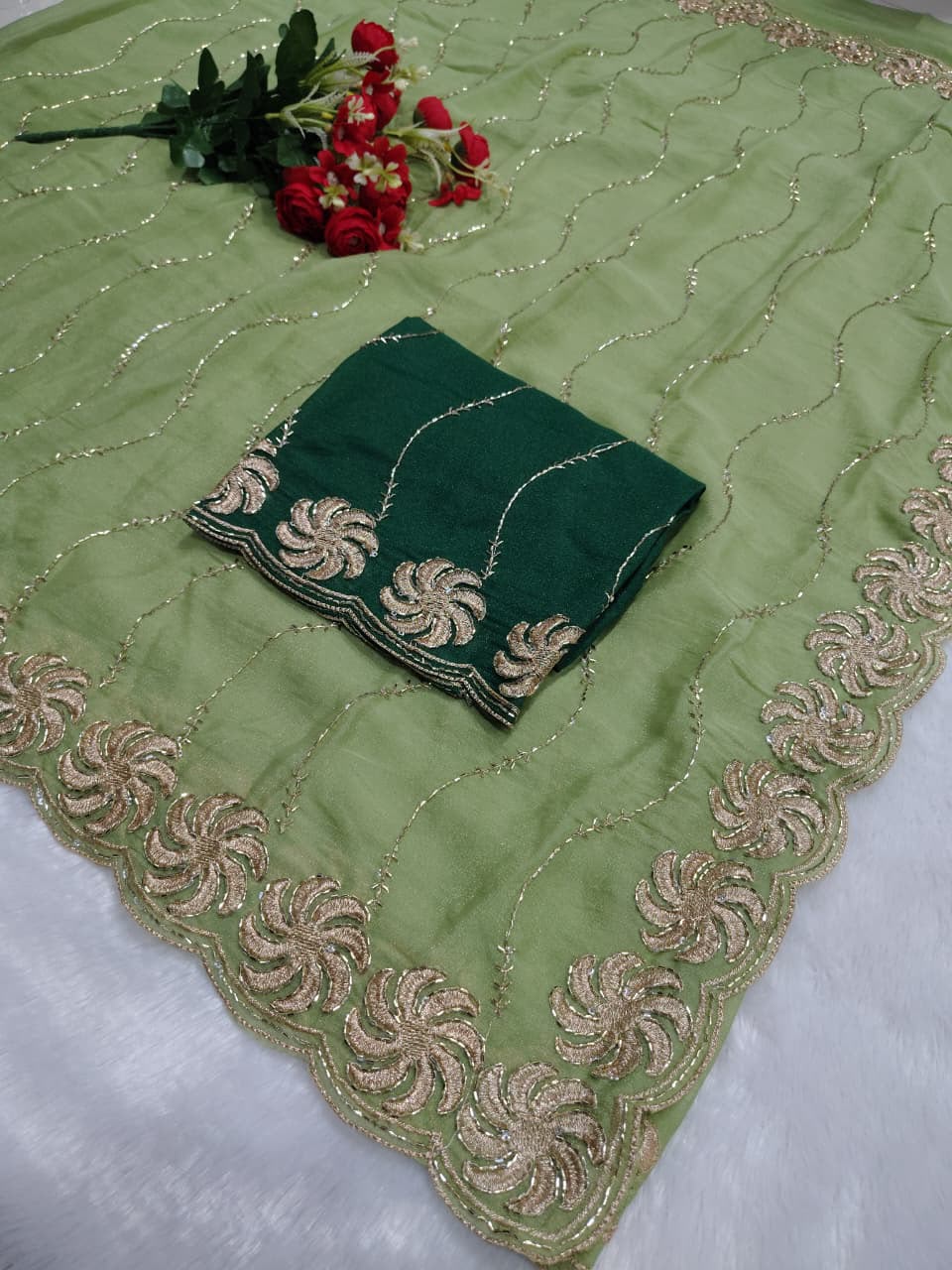 Ring Star Georgette Saree with Sequence Bits Work & Contrast Running Blouse