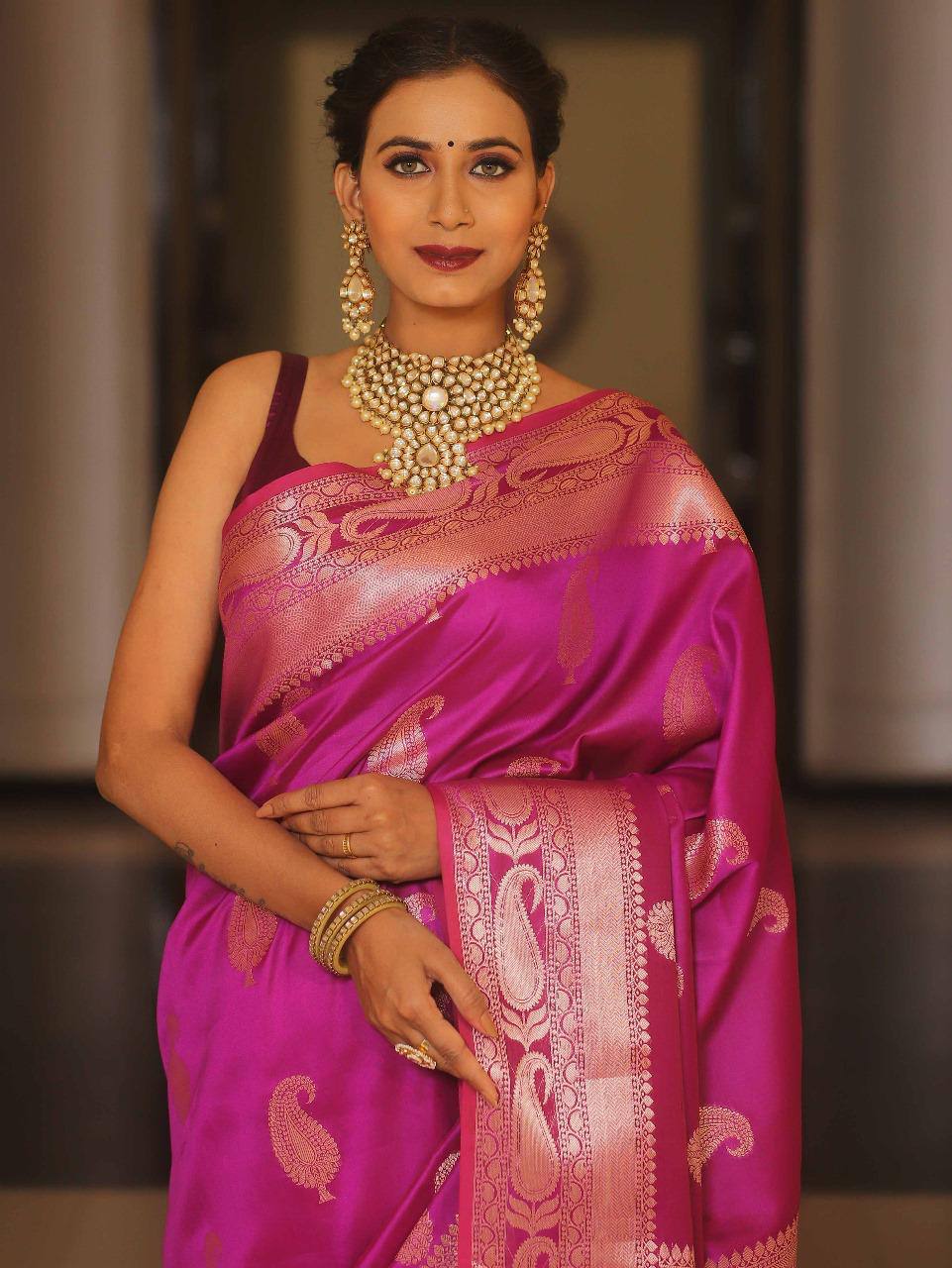 Banarasi Silk Saree in Magenta Pink with Zari Work