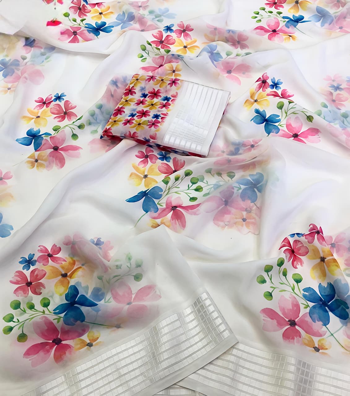 White House Premium Georgette Chiffon Floral Digital Print Saree with Weaving Border & Printed Blouse