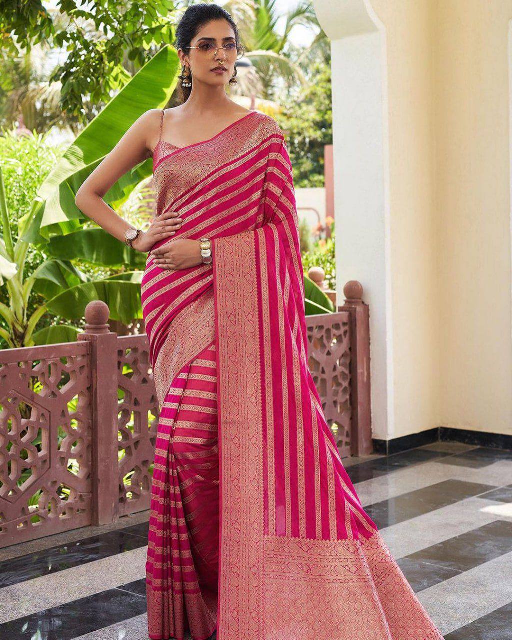 Designer Banarasi Silk Saree with Woven Stripes and Zari Border