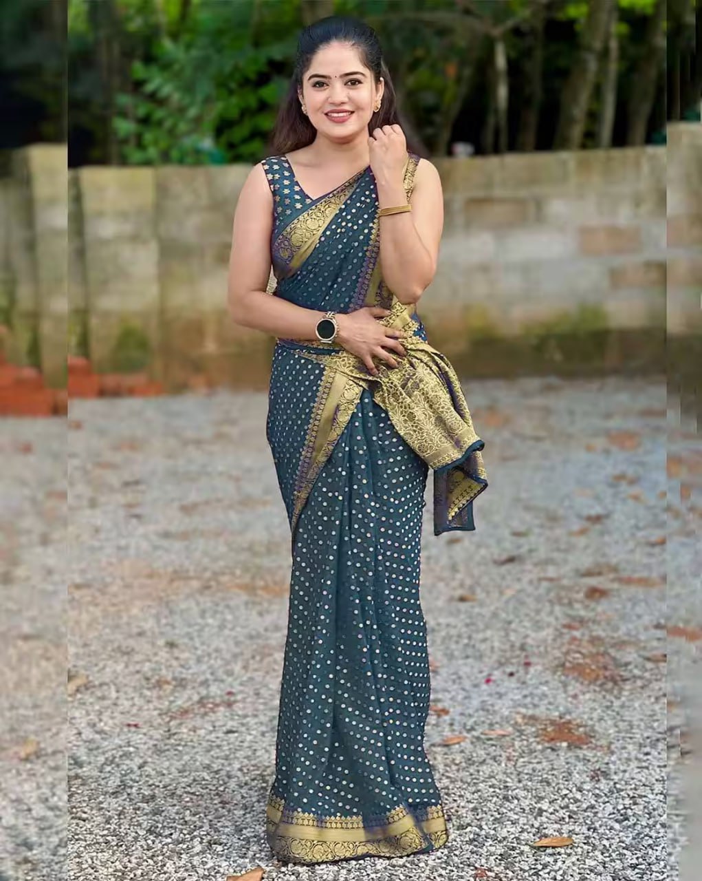 Elegant Teal Blue Polka Dot Silk Saree with Gold Border