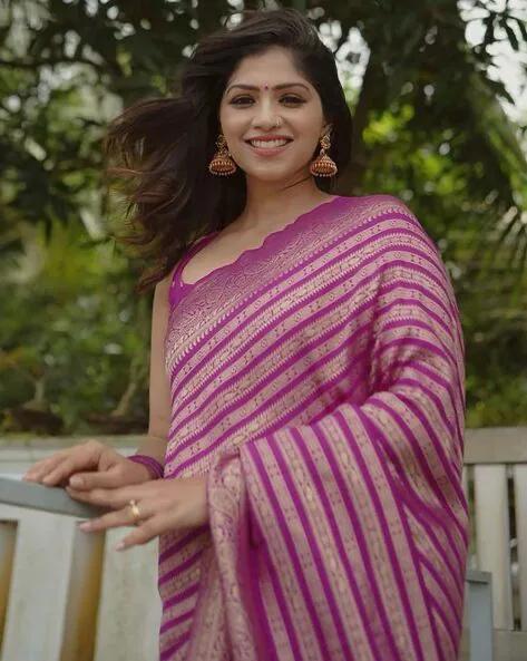 Purple Banarasi Silk Saree with Golden Zari Stripes