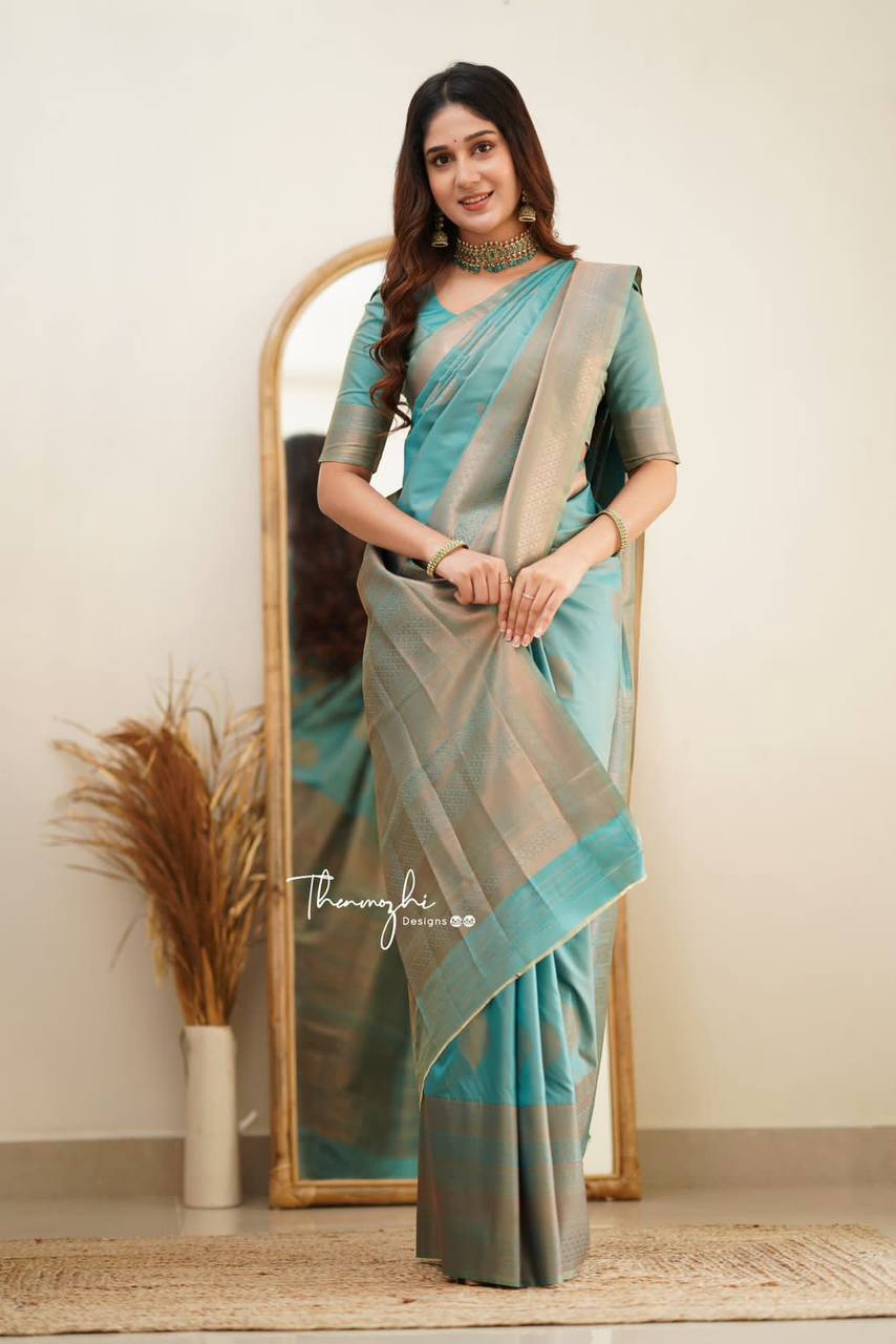 Turquoise Blue Silk Saree with Golden Zari Border