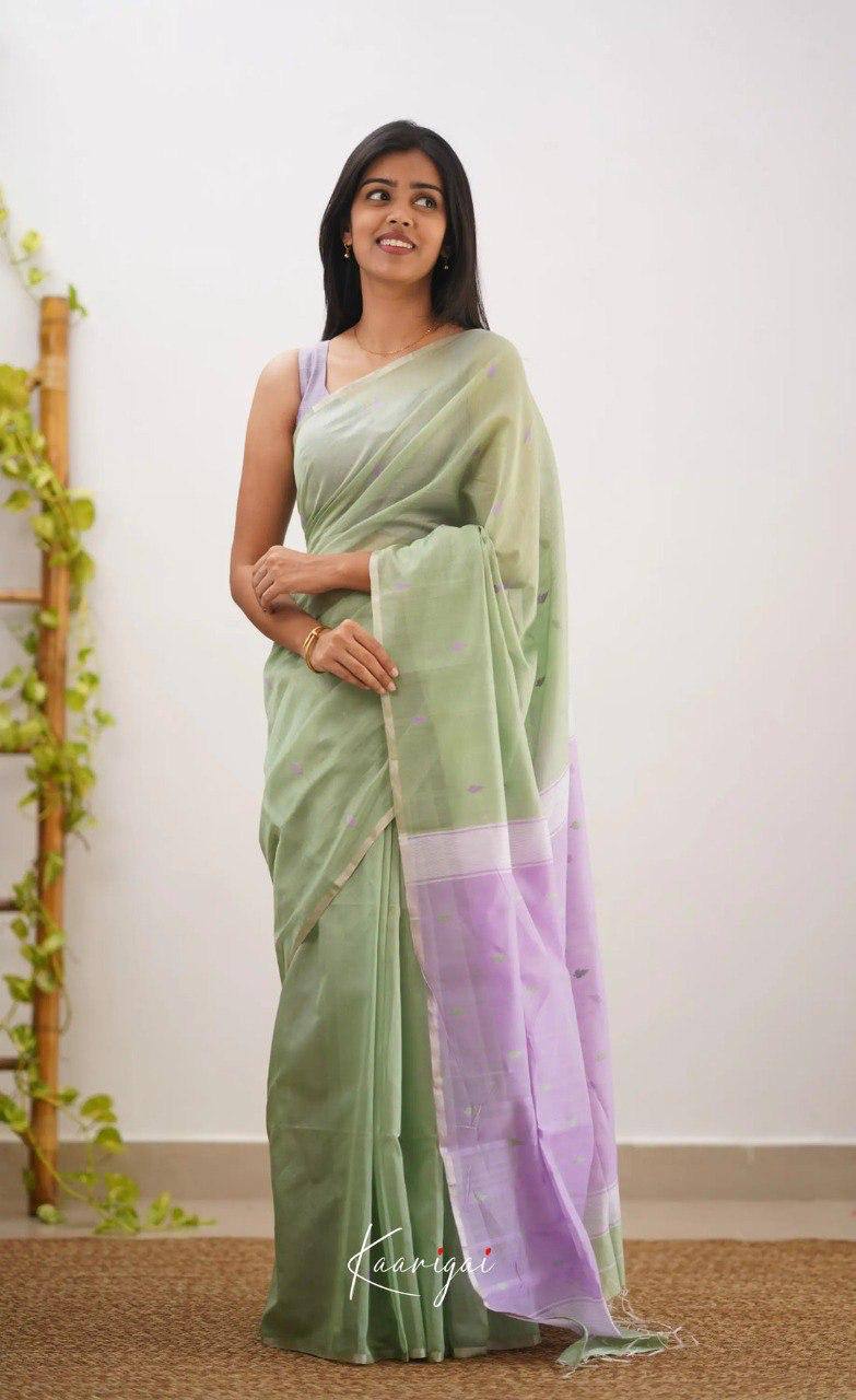 Pastel Green Linen Saree with Lavender Border