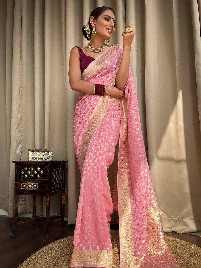 Pink Banarasi Silk Saree with Golden Zari Work