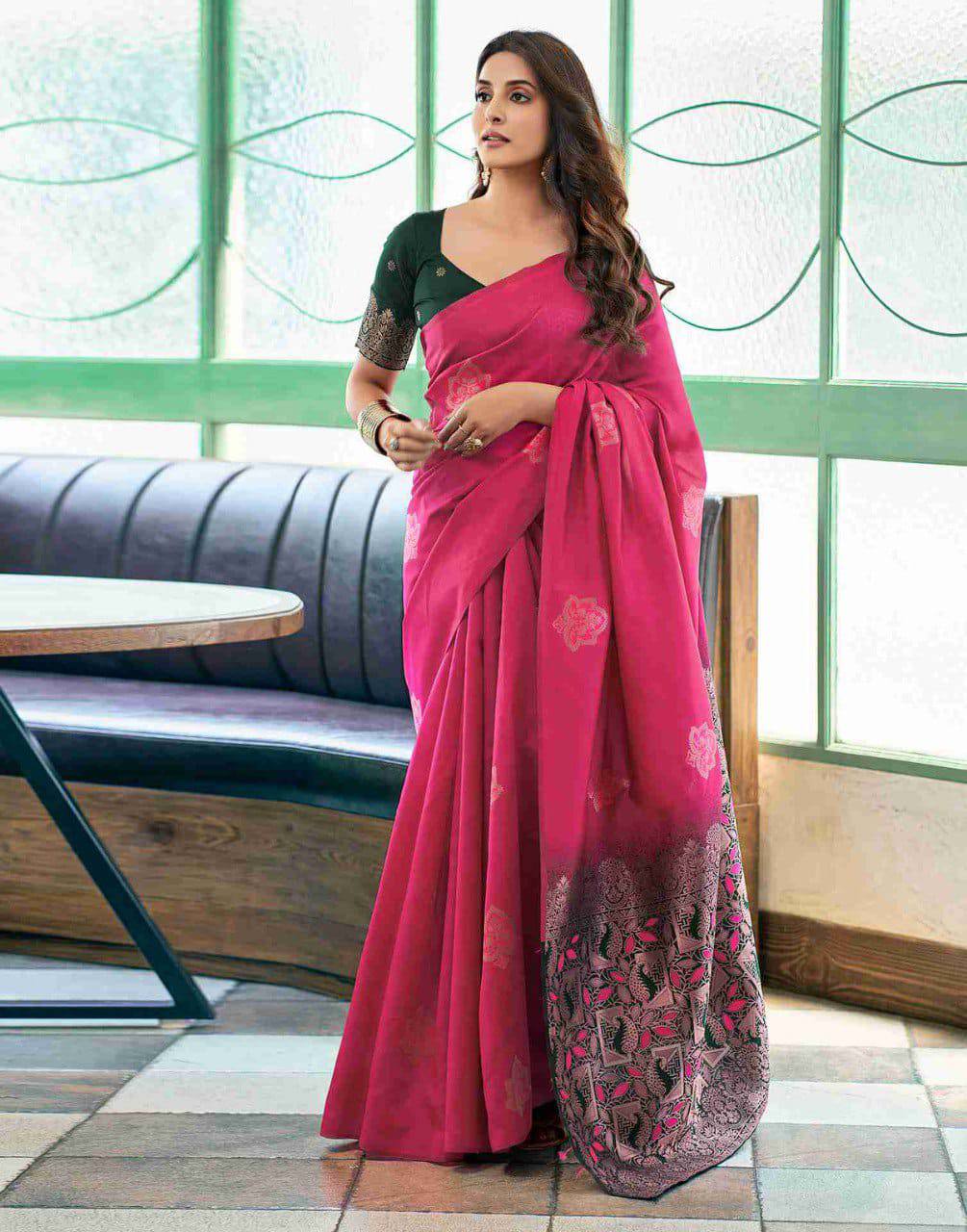 Pink Banarasi Silk Saree with Embroidered Border and Green Blouse