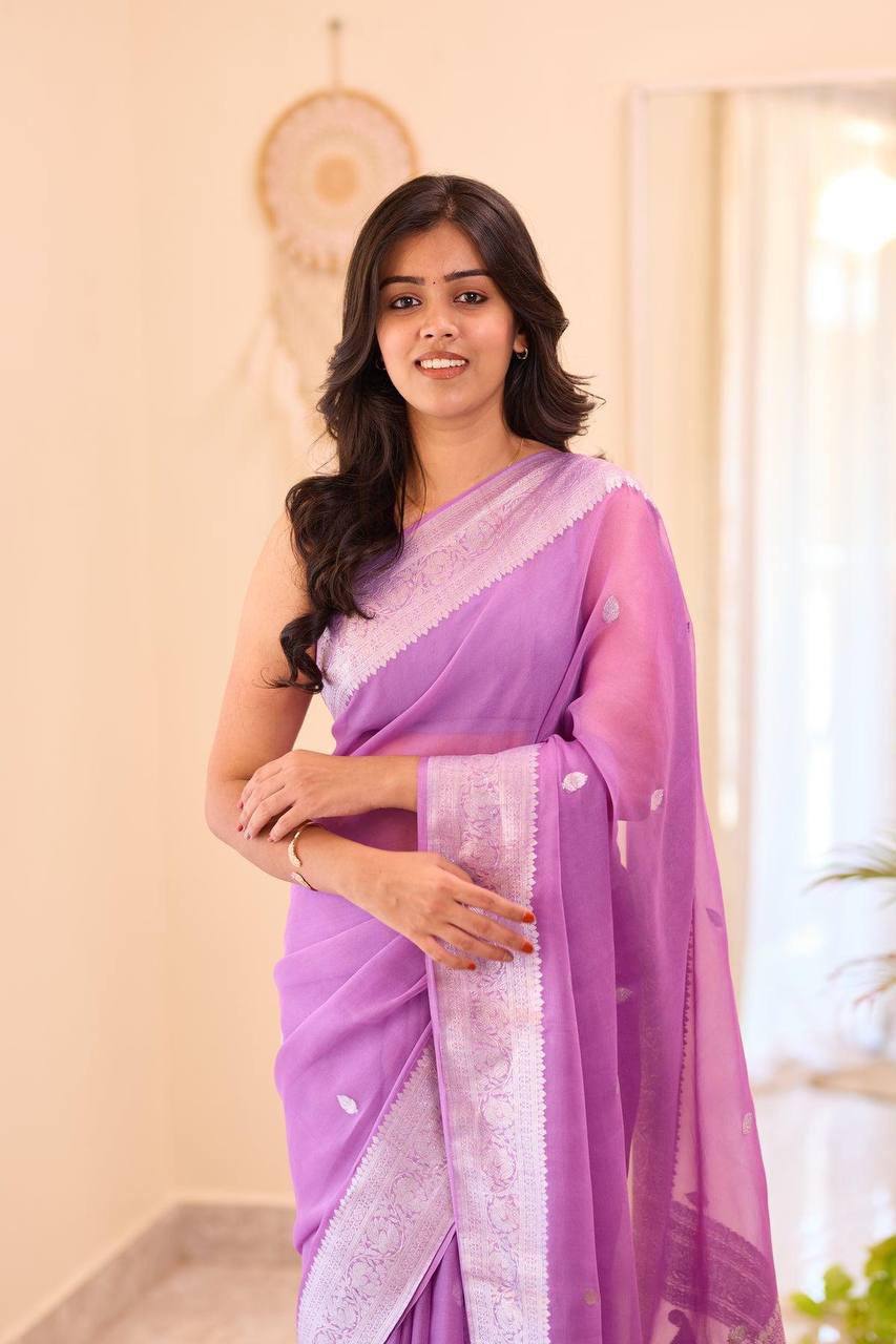 Purple Banarasi Silk Saree with Silver Zari Border