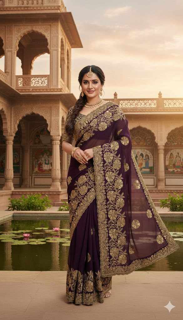 LYK Wine Heavy Georgette Embroidery Saree with Unstitched Blouse