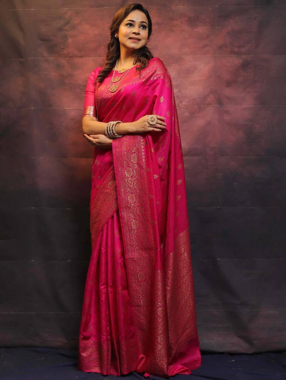Vibrant Pink Banarasi Silk Saree with Gold Zari Work