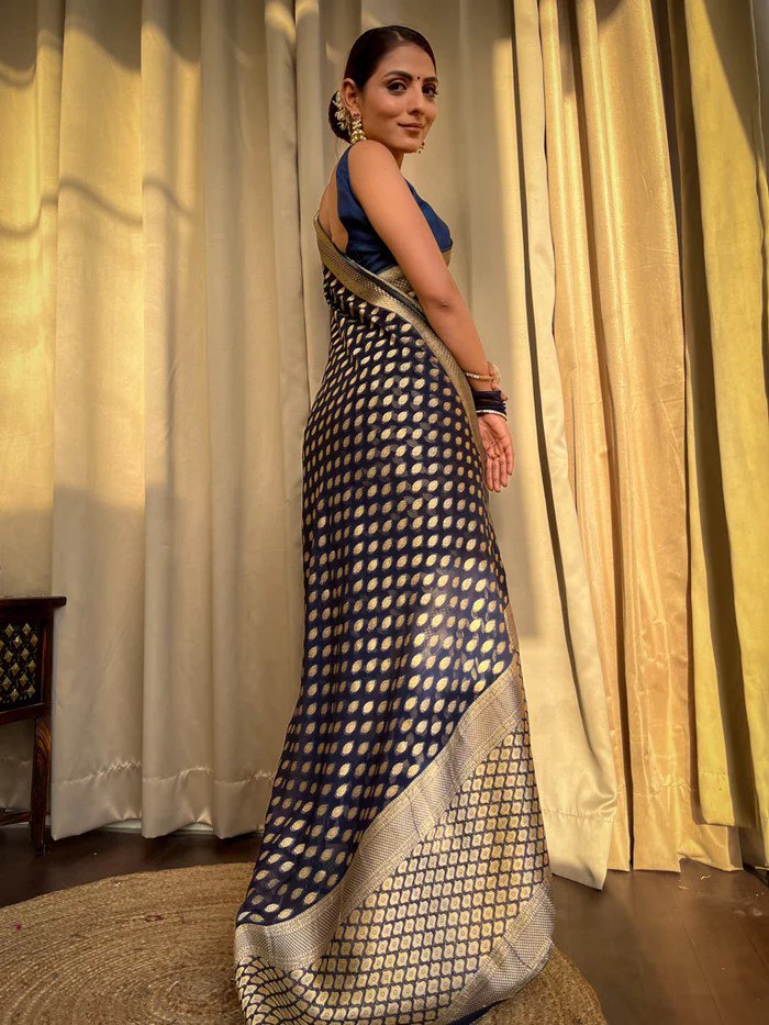 Navy Blue Banarasi Silk Saree with Golden Zari Weaving and Border