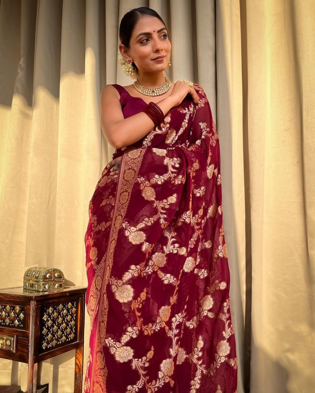 Maroon Banarasi Silk Saree with Golden Floral Embroidery and Purple Blouse