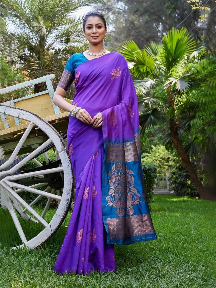 Purple and Blue Kanjivaram Silk Saree with Golden Zari Work