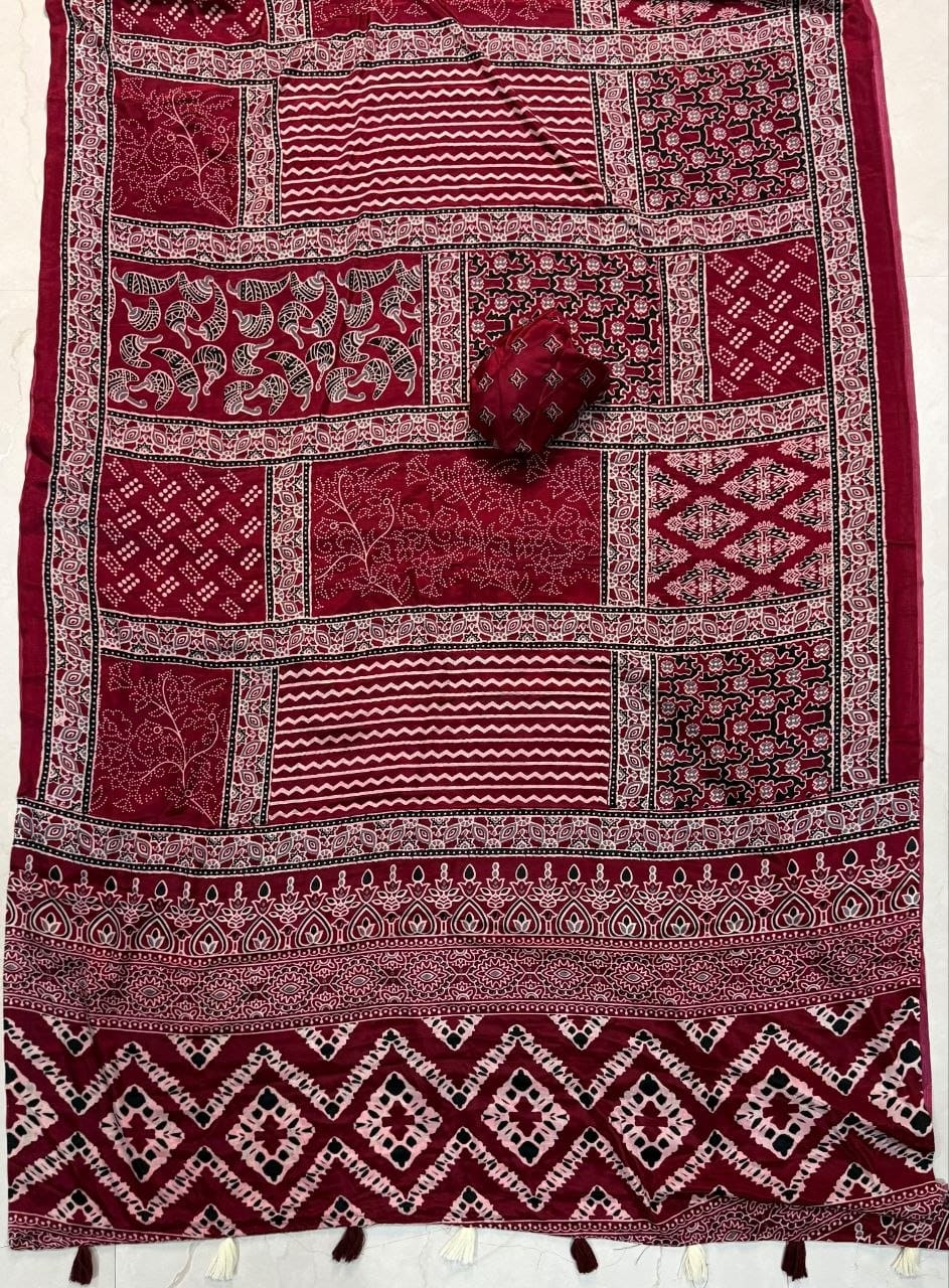 Premium Ajrakh Printed Designer Saree with Traditional Ethnic Border