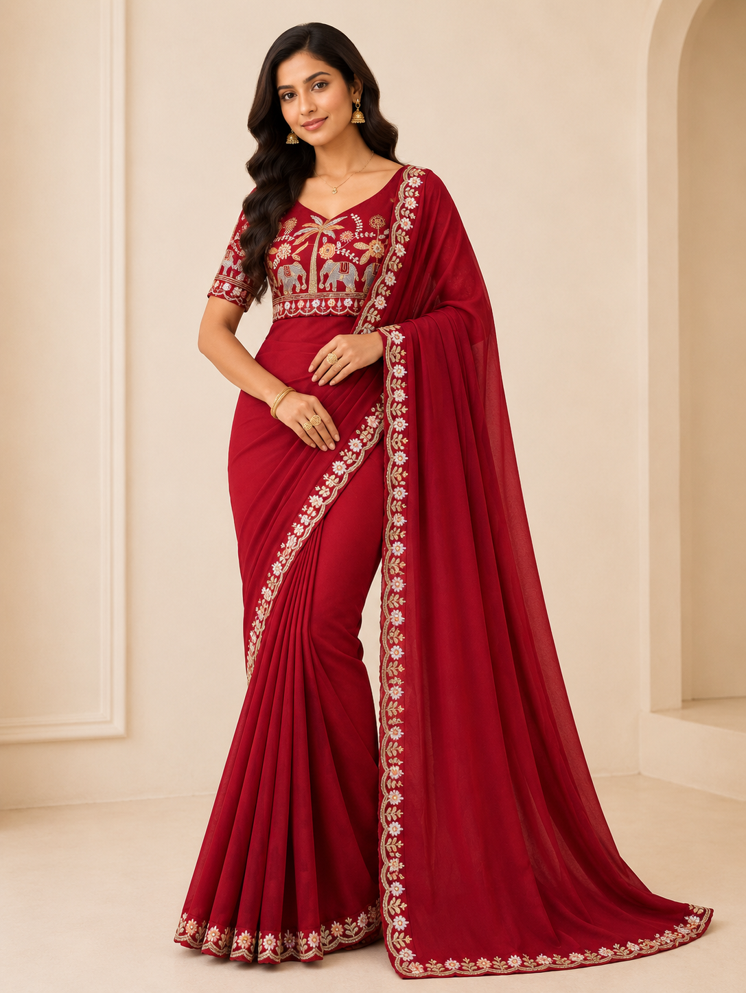 Royal Elephant Art Embroidered Saree with Designer Blouse