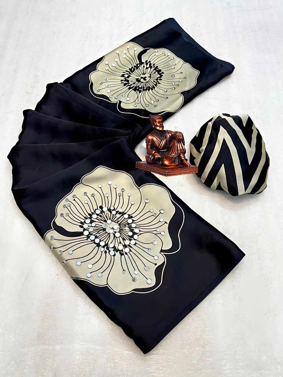 Aaina Silk Crepe Saree with Ethnic Floral Print & Mirror Work