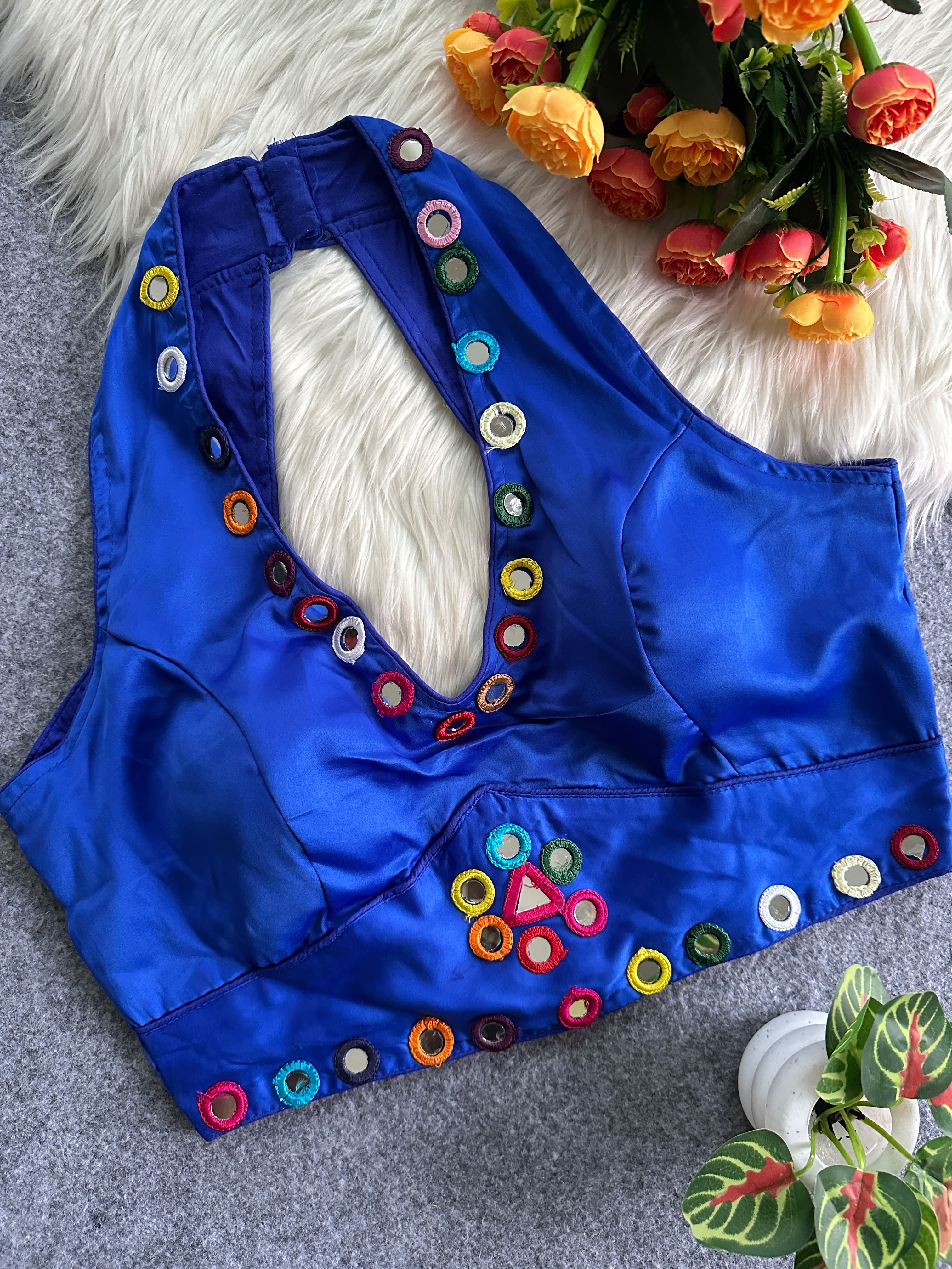 Navratri Satin Silk Multicolour Mirror Work Designer Blouse – Free Size 38–42