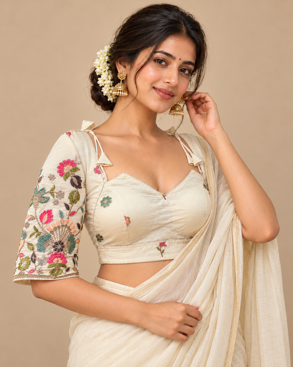 Pure Khadi Cotton Floral Embroidered Blouse – Heavy Padded | Front Open | 38–42