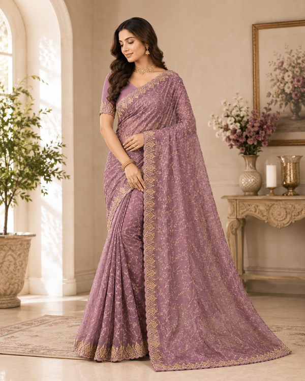 Premium Twill Net Embroidered Saree with Designer Blouse | Wedding & Party Wear Collection