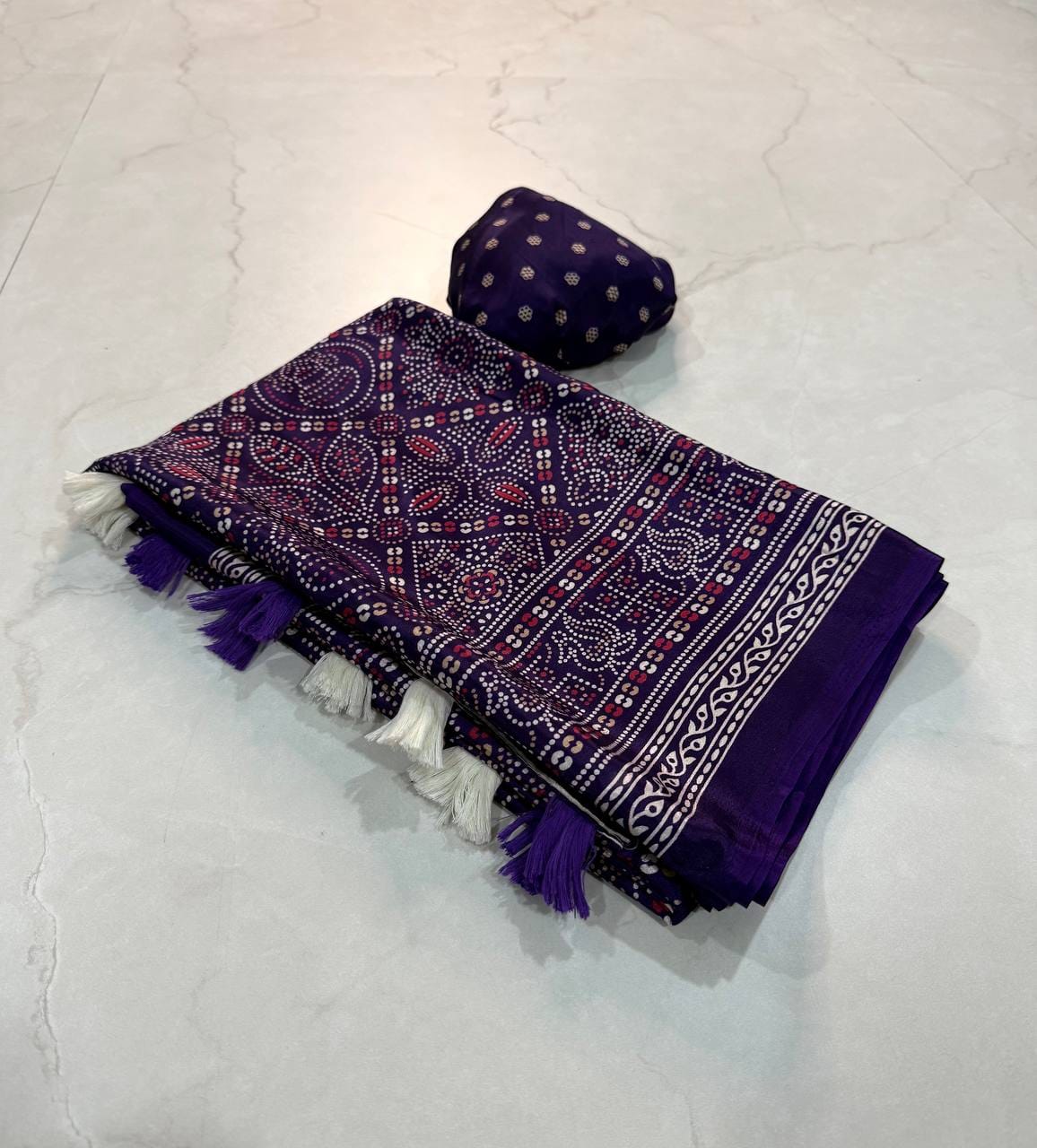 Premium Ajrakh Designer Crepe Silk Saree with Traditional Bandhani-Inspired Print & Tassel Border