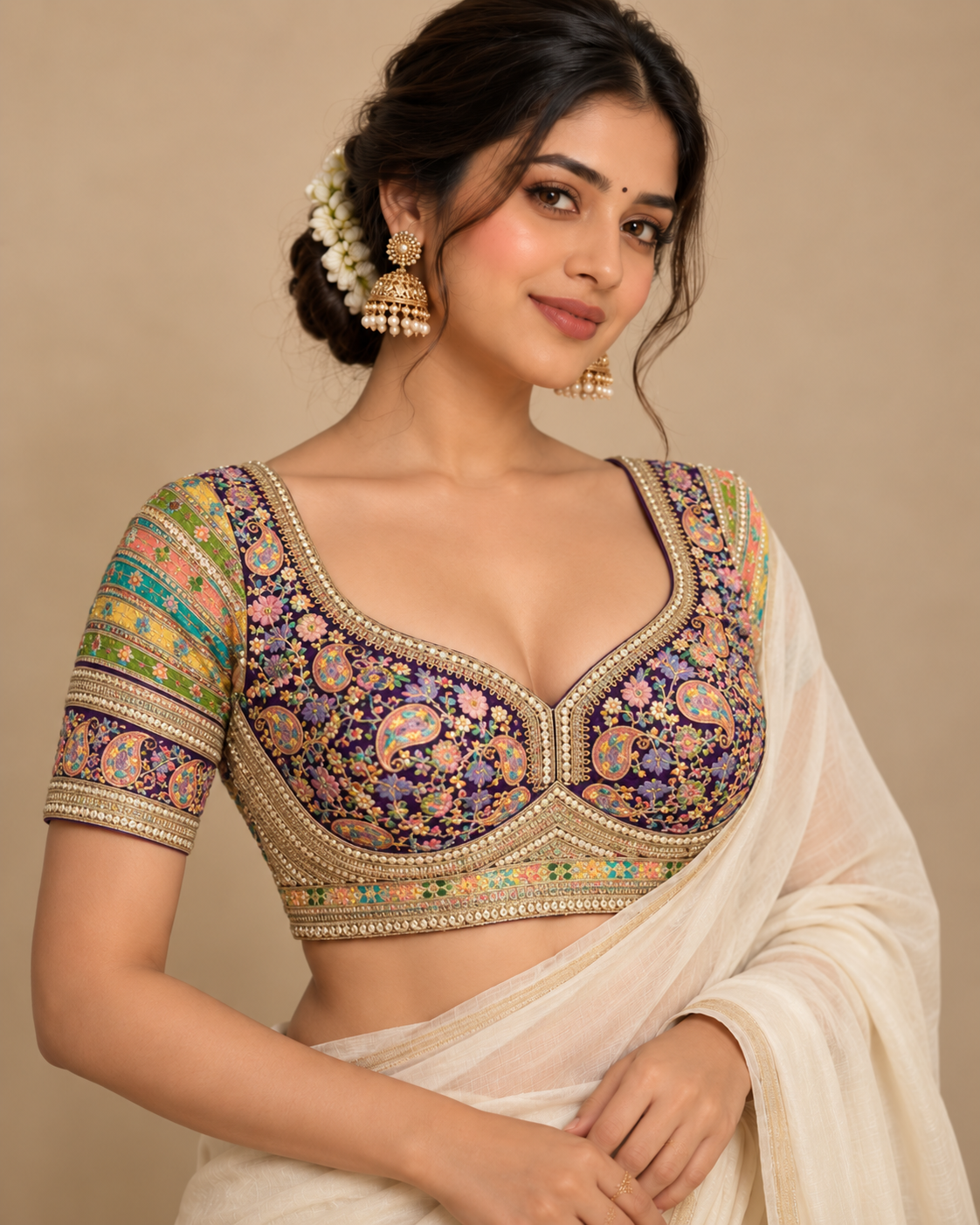 Premium Kashmiri-Inspired Antique Thread Work Blouse – Fox Georgette | Heavy Padded | 38–40