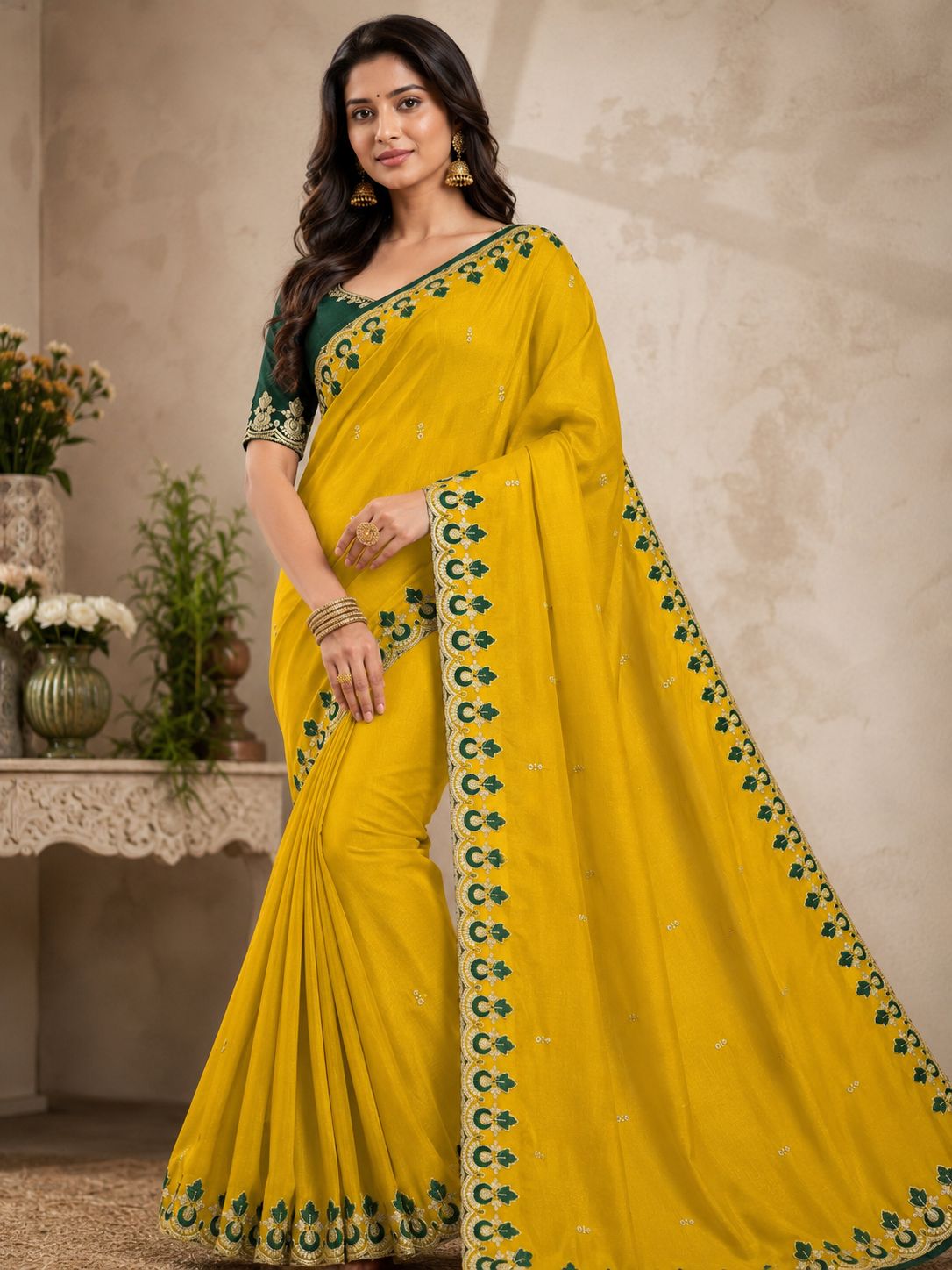 Kalash Premium Star Georgette Embroidered Saree with Designer Border & Running Blouse