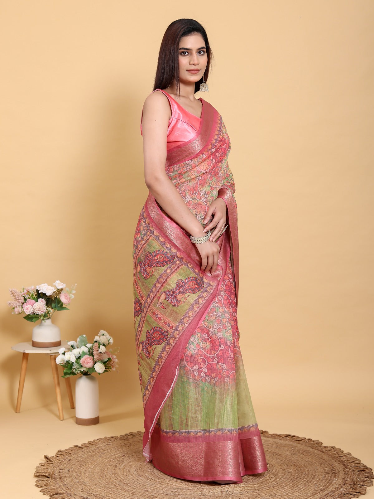 Pink Heritage Heavy Linen Saree with Artistic Floral & Peacock Print