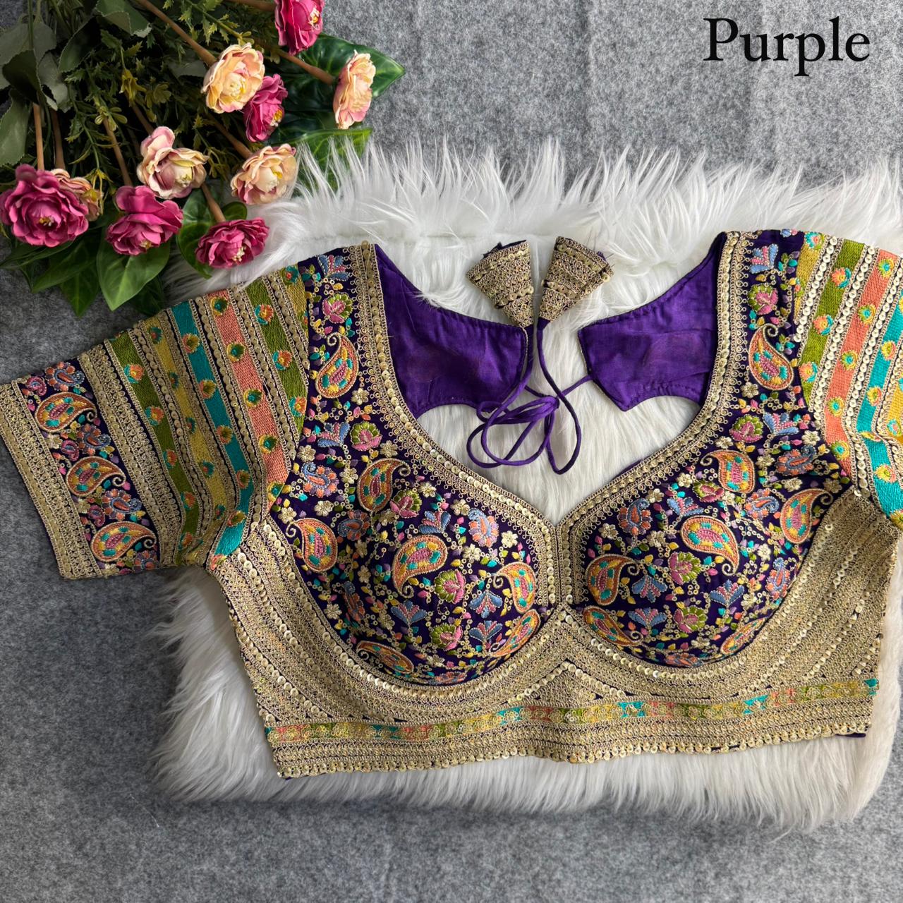 Premium Kashmiri-Inspired Antique Thread Work Blouse – Fox Georgette | Heavy Padded | 38–40