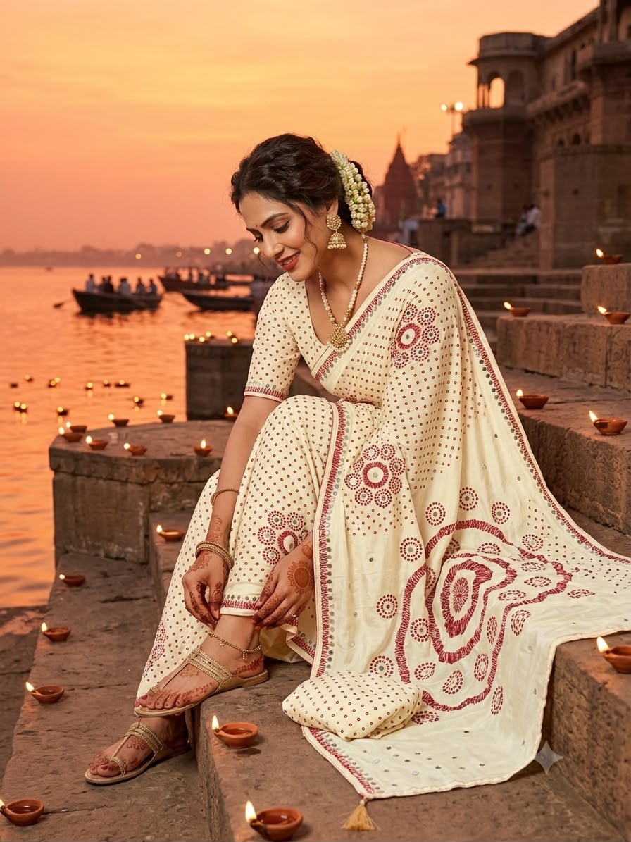 Premium Moss Satin Ajrakh Saree with 2,500 Mirror Work & Matching Blouse