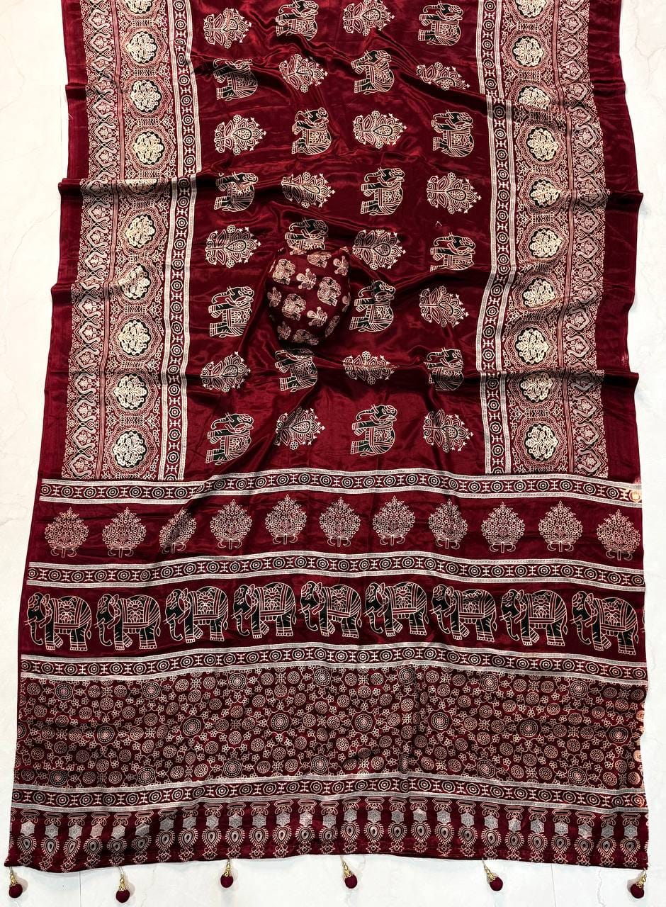 Premium Crepe Silk Designer Saree with Traditional Elephant & Floral Print