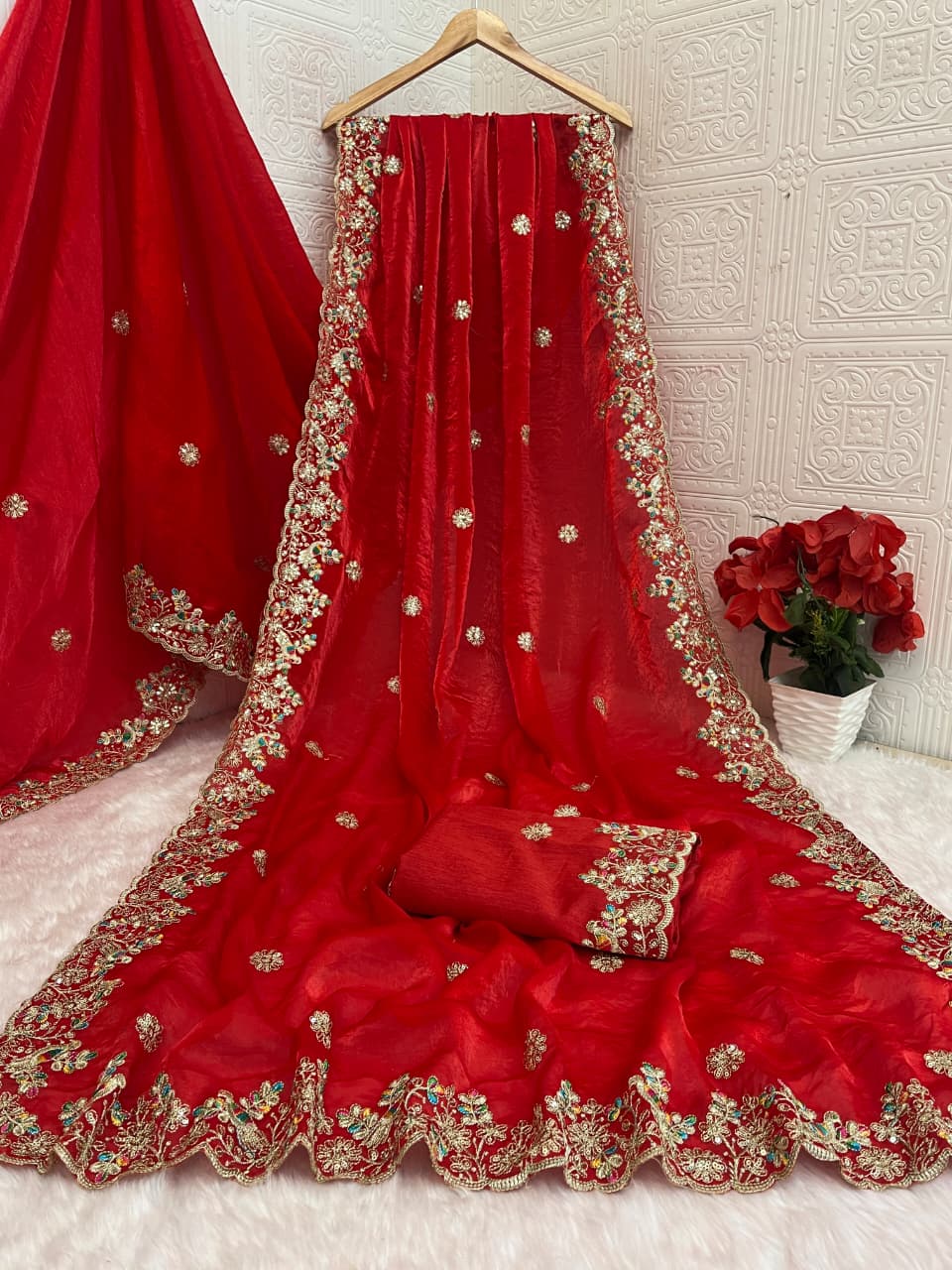Rajwada Mor Embroidery Fendy Satin Saree with Heavy Sequence Border & Designer Blouse