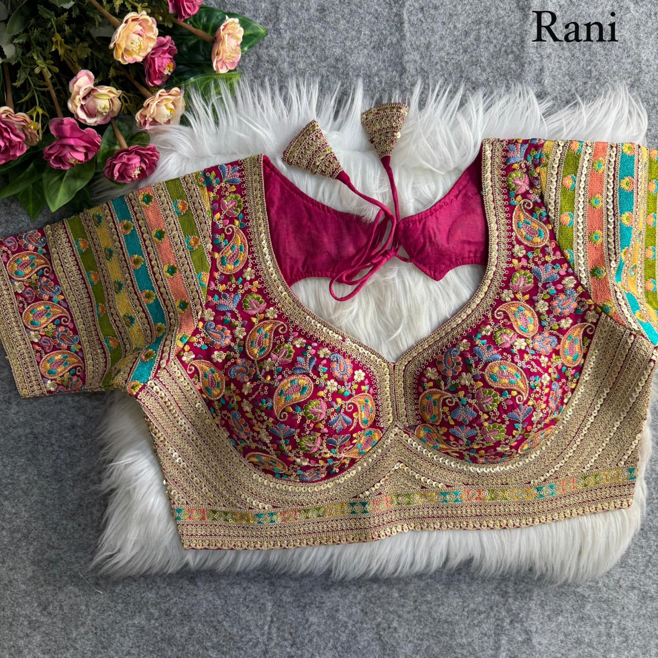 Premium Kashmiri-Inspired Antique Thread Work Blouse – Fox Georgette | Heavy Padded | 38–40